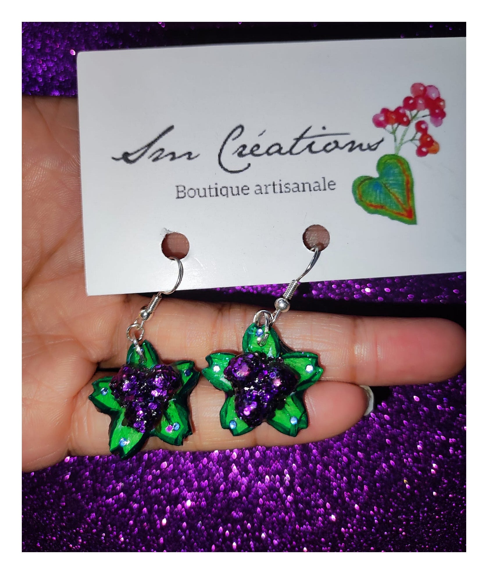 Boucle d'oreille Arte| Fleurs en violet Sequin| 95% Naturel