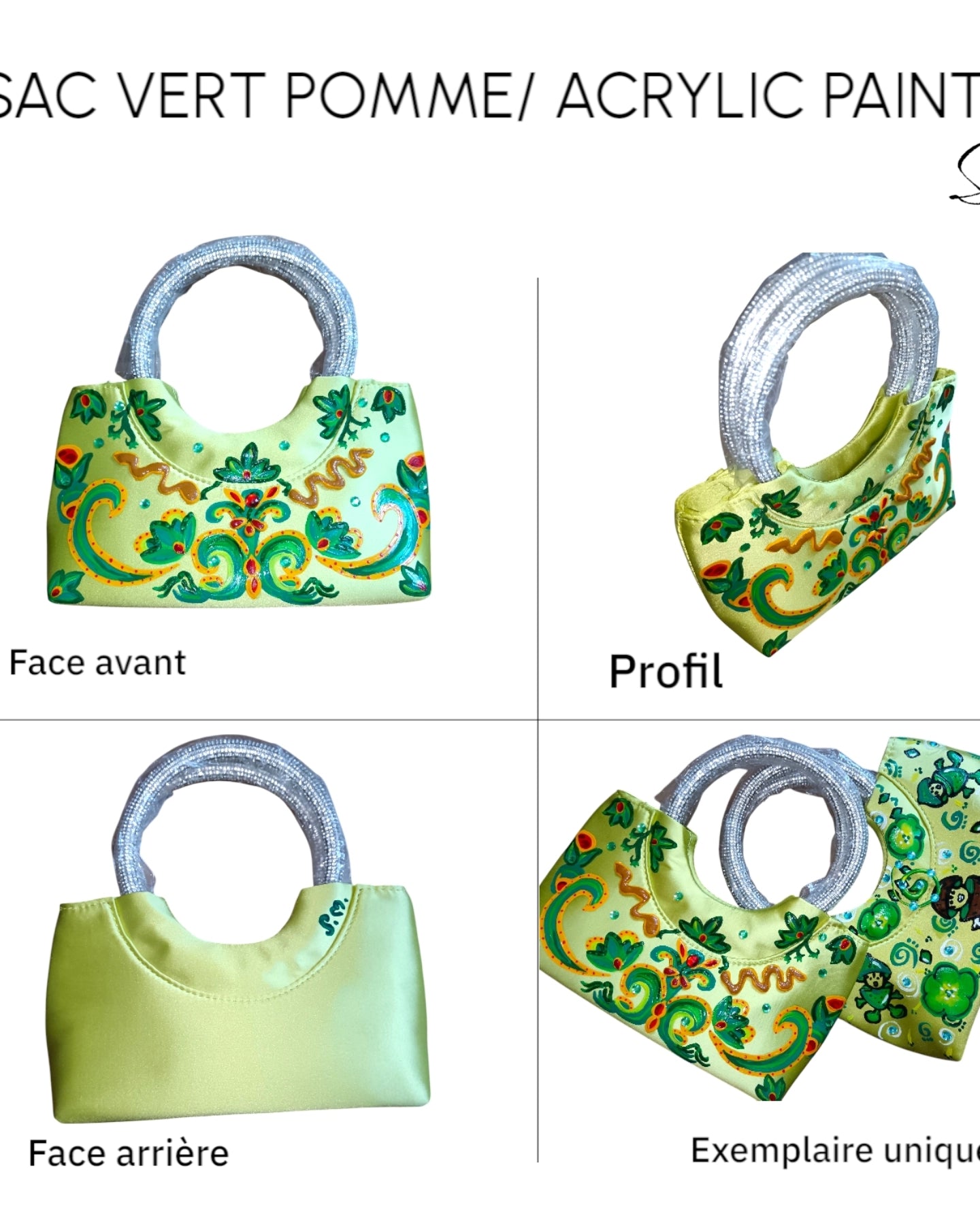 Sac à main Design Inédit ''Handmade with paint'' Coloris vert acidulé/ écarlate