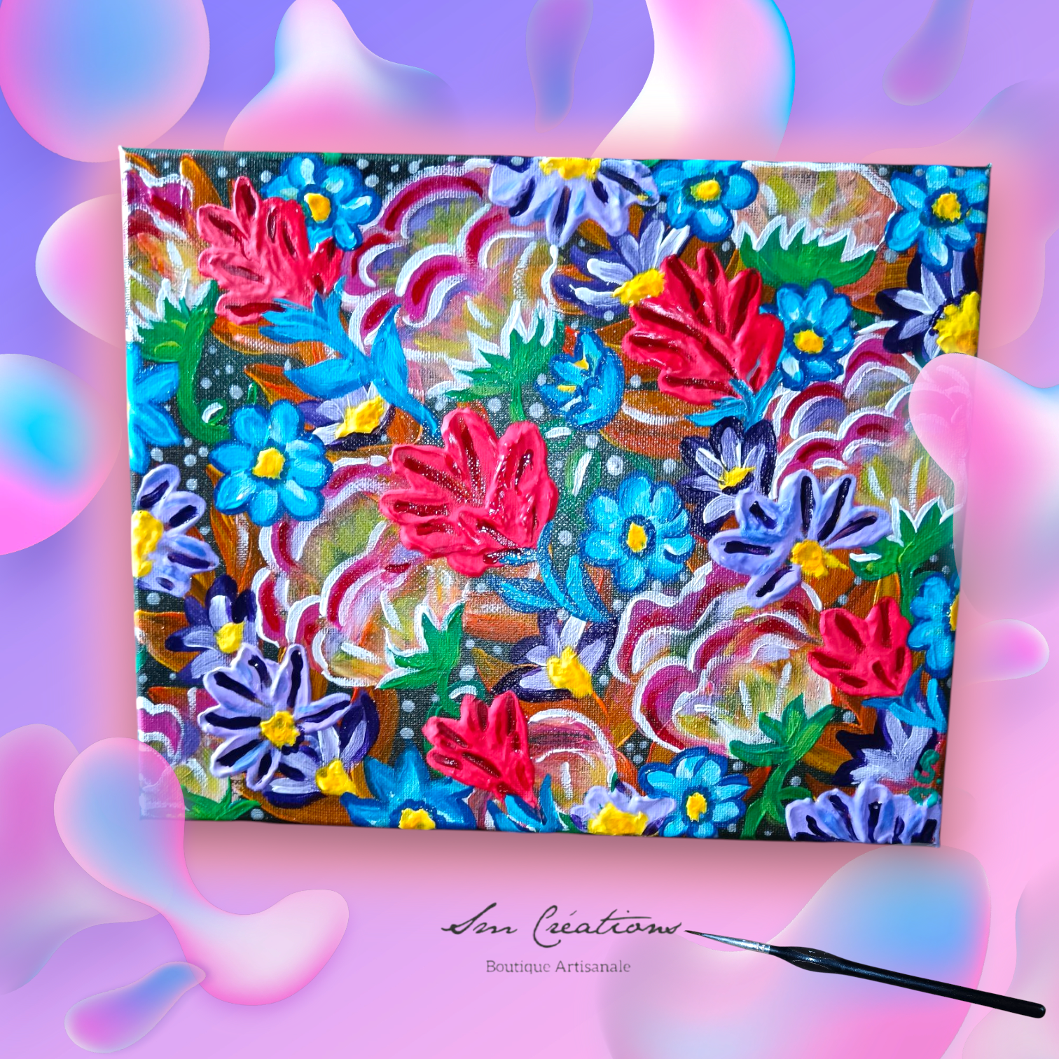 Tableau contemporain ethnique signé SM/ 2025 '' La vallée des fleurs''