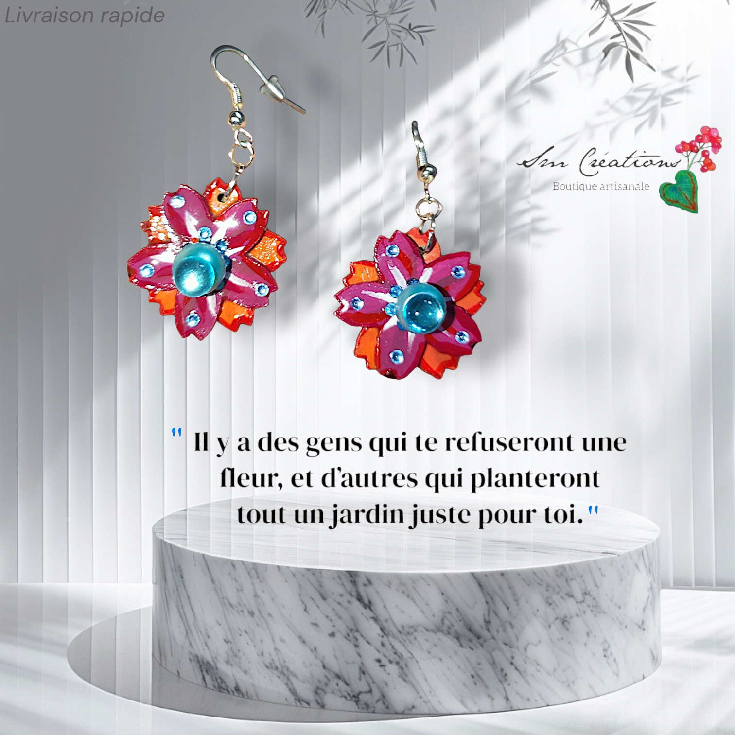 Boucle d'oreille Arte en fleurs orange et bleu| 95% naturel type Bohème Chic