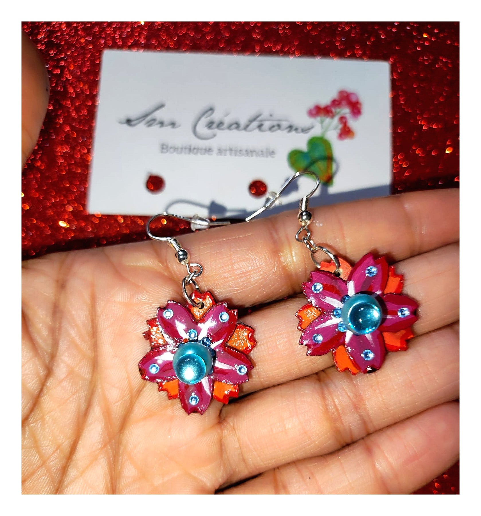 Boucle d'oreille Arte en fleurs orange et bleu| 95% naturel type Bohème Chic