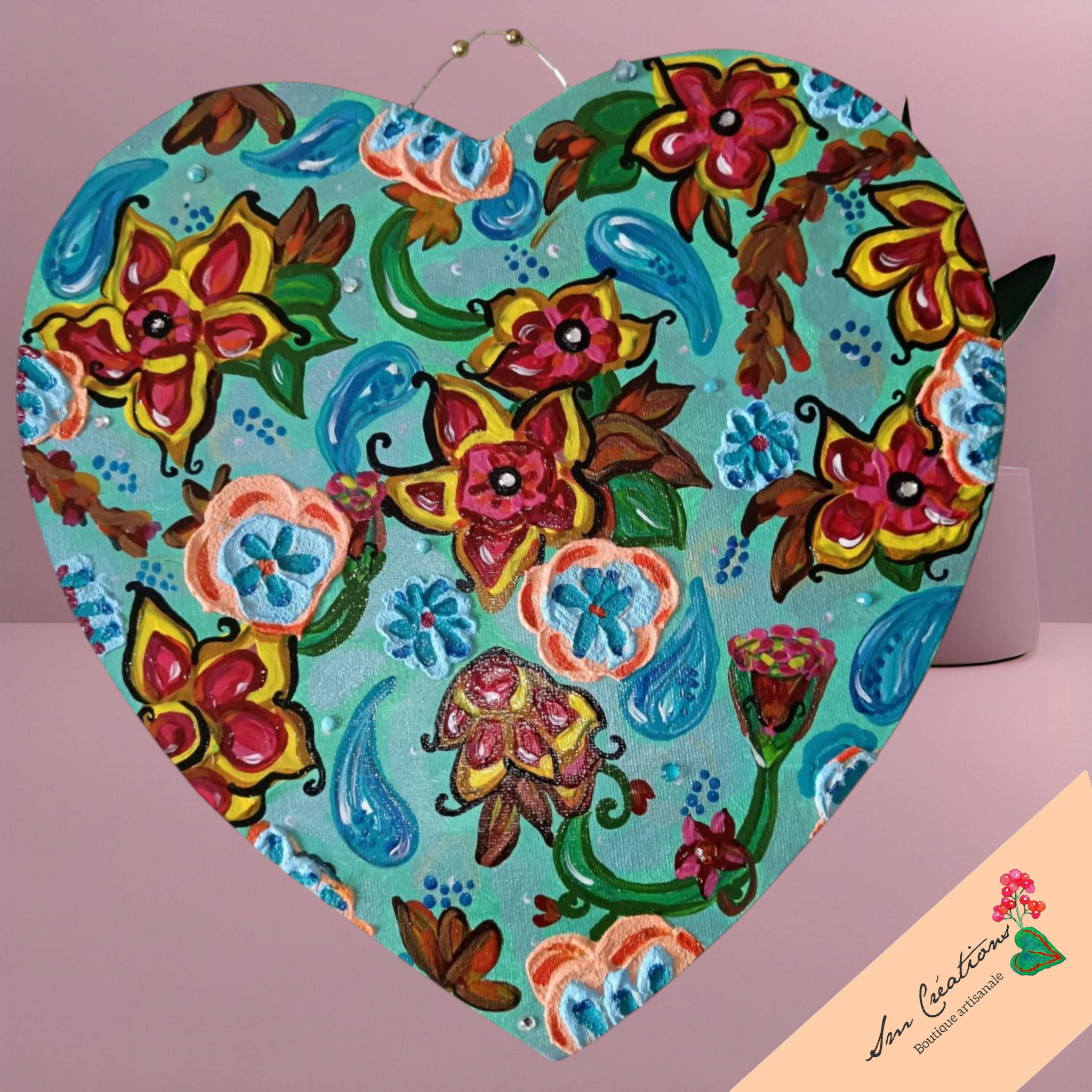 "Coeur coulant d'azur" Peinture acrylique / texturée 29x29cm avec attache perlée artisanale - originale signé