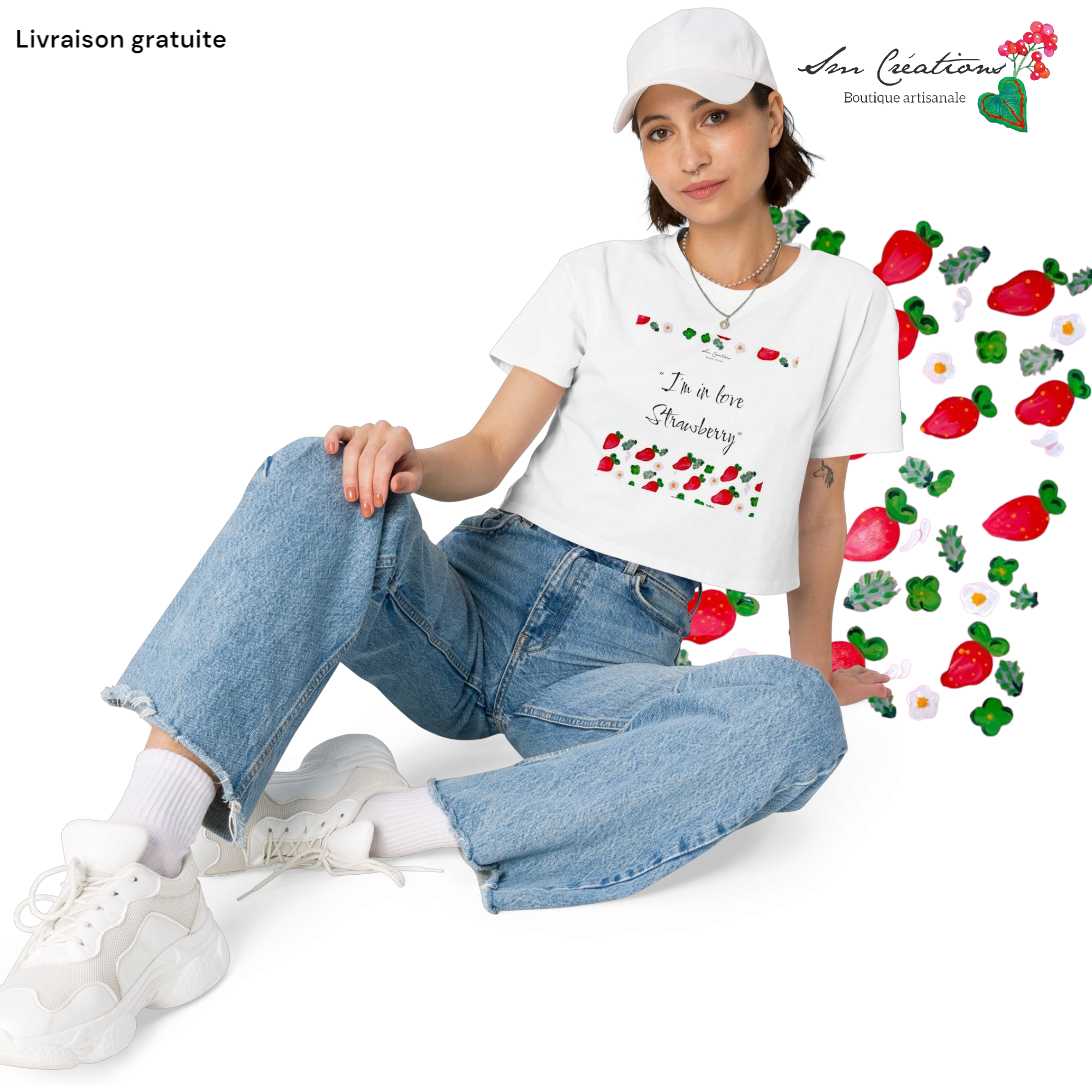 Crop top pour femme "I'm in love Strawberry" Edition limitée Design - Sm Creations 2025