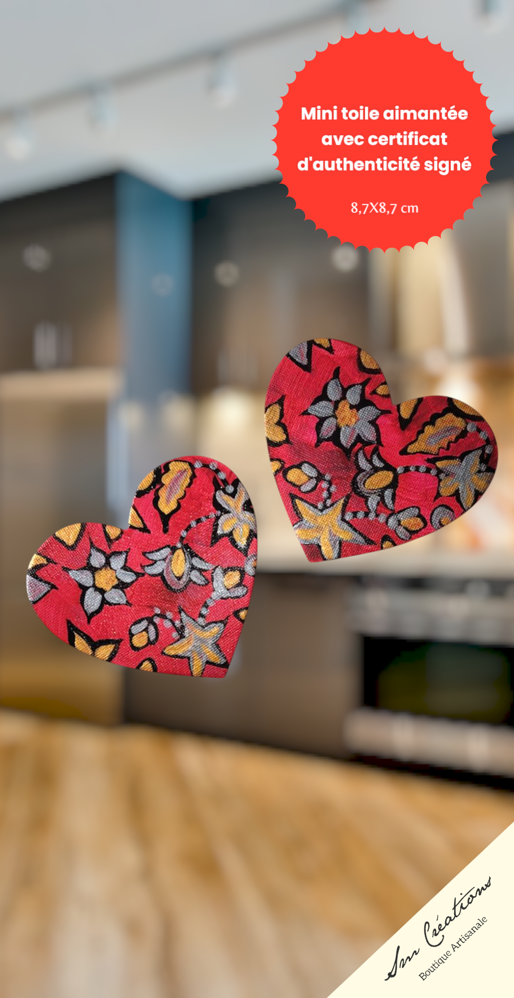 Duo de cœur "𝑫'𝒐𝒓 𝒆𝒕 𝒅'𝒂𝒓𝒈𝒆𝒏𝒕 " Mini toile aimantée artisanale - Exemplaire unique / Collection Coeur bohème N°1