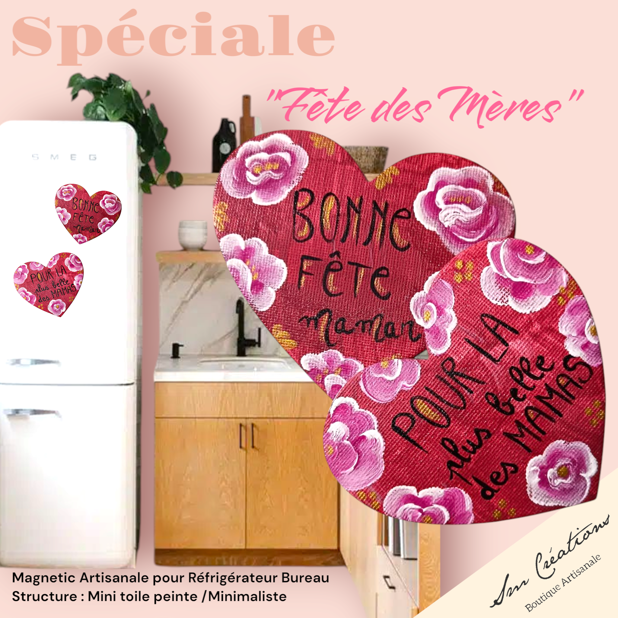 Duo de coeur aimanté artisanale "Bonne fête Maman" Exemplaire unique