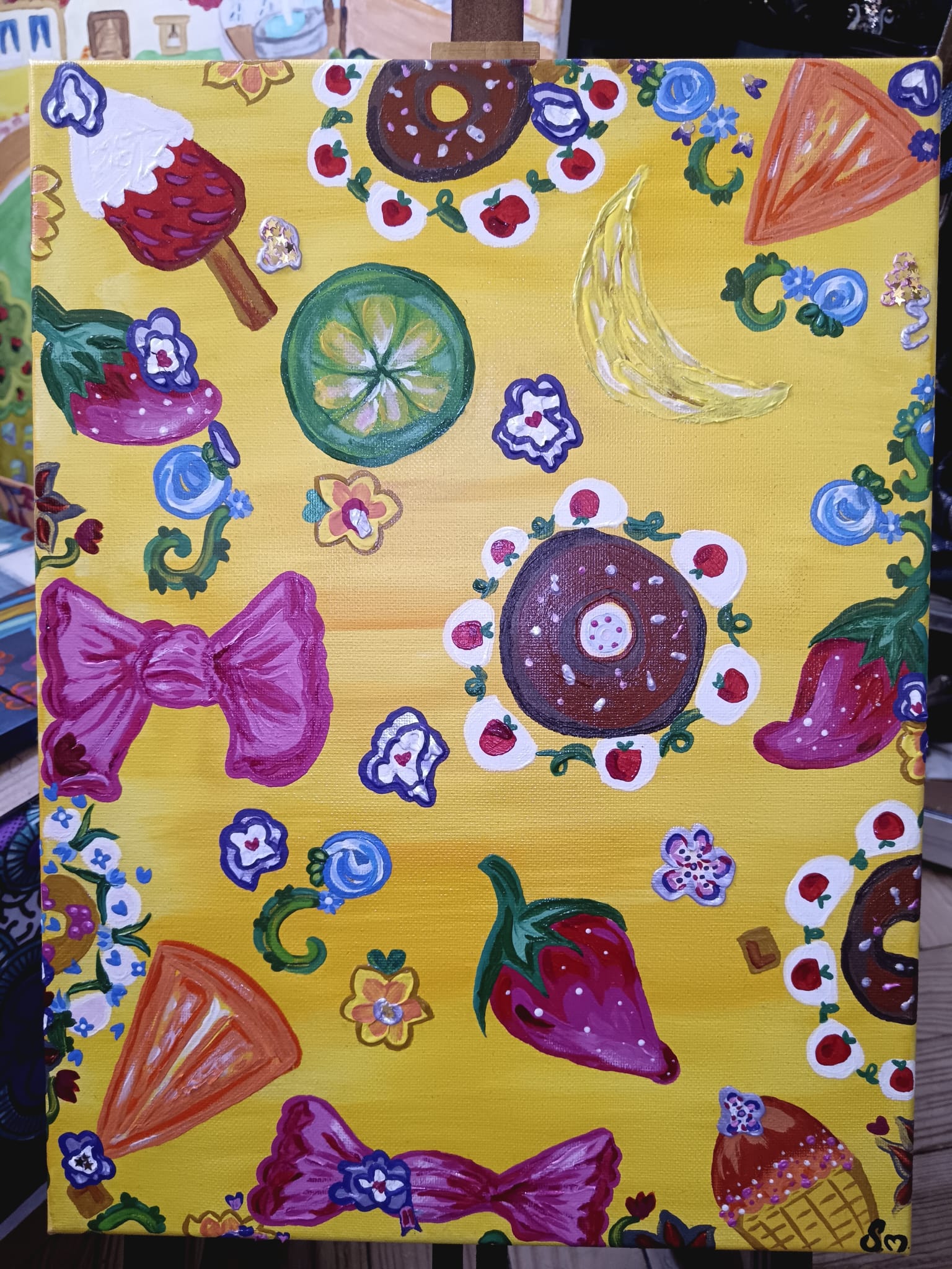 Peinture acrylique mixte 3d paint - Format 30 x 40,2 cm avec anse perlée fais main - Exemplaire unique avec certificat - titre : "Sucré"