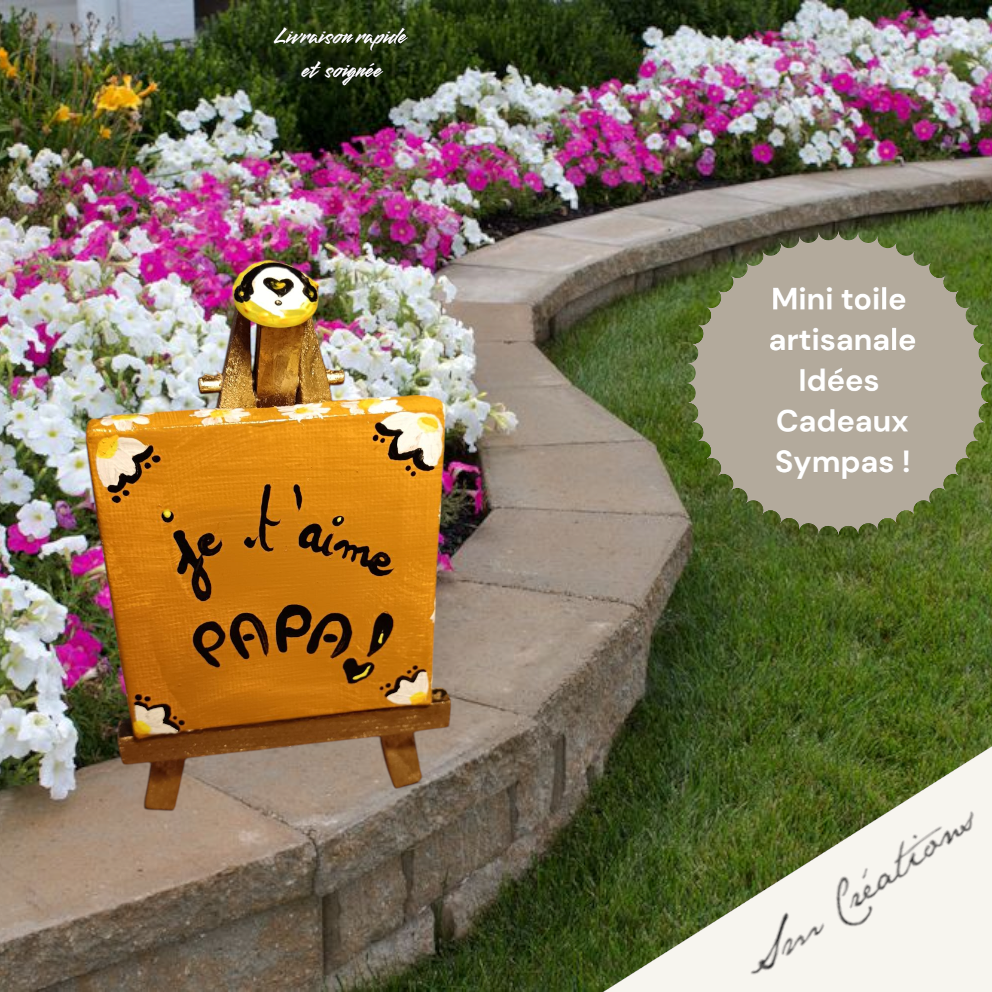 Mini toile caramel sur chevalet doré/ Artisanale signé- Idées cadeaux Spécial Doux Messages 2025