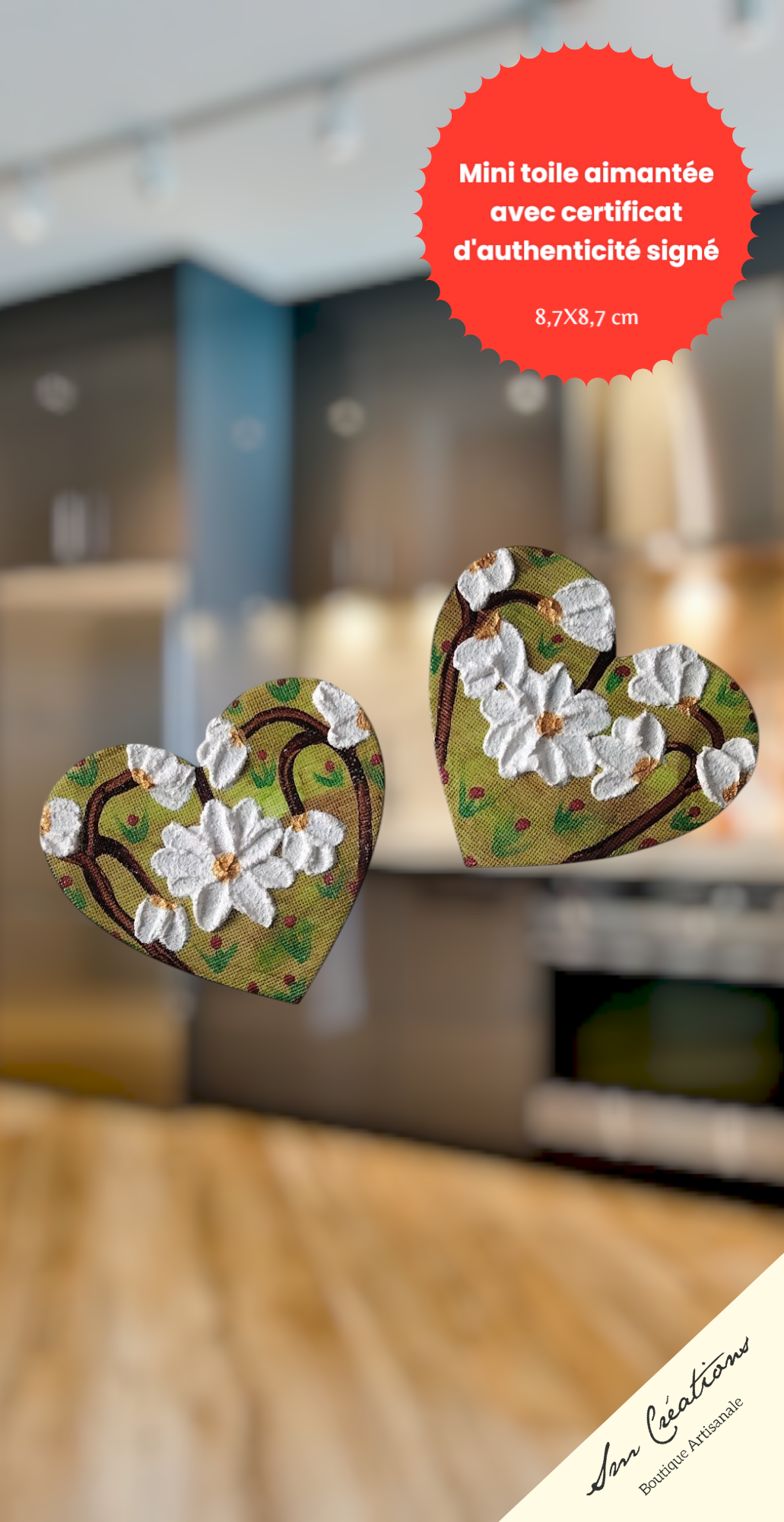 Duo de cœur "𝑪𝒐𝒎𝒎𝒆 𝒅𝒖 𝒄𝒐𝒕𝒐𝒏 " Mini toile aimantée artisanale - Exemplaire unique / Collection Coeur bohème N°1
