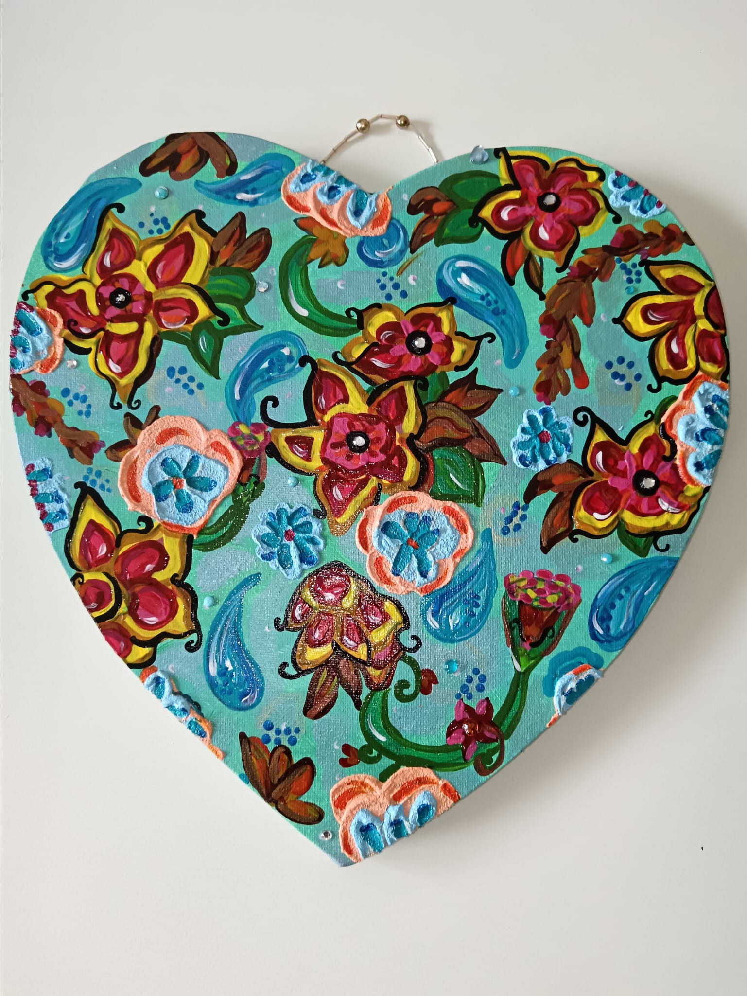 "Coeur coulant d'azur" Peinture acrylique / texturée 29x29cm avec attache perlée artisanale - originale signé