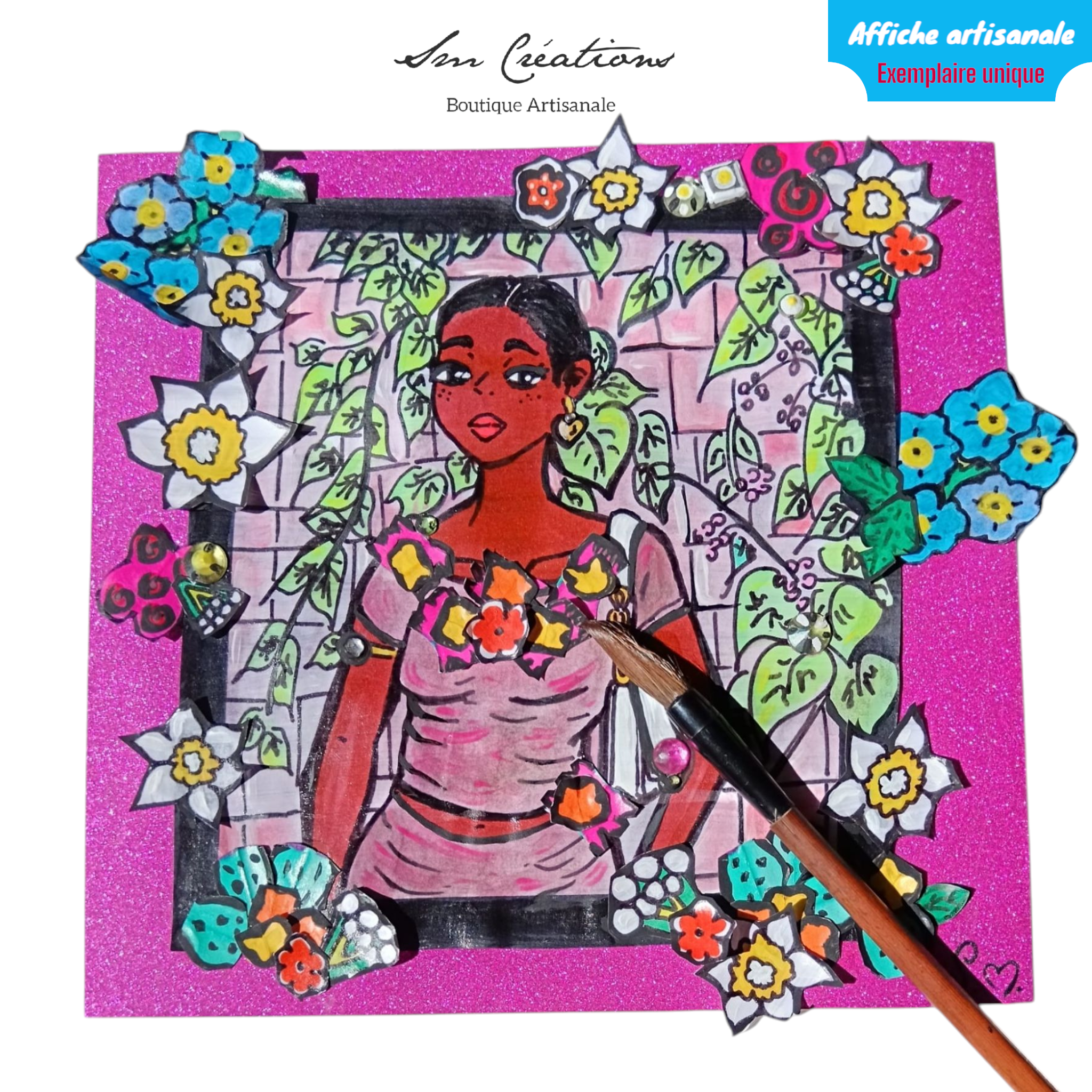 Illustration peinture type affichette artisanale 21 x 20 cm - 1 exemplaire unique et signé - "La belle inconnue" 2025