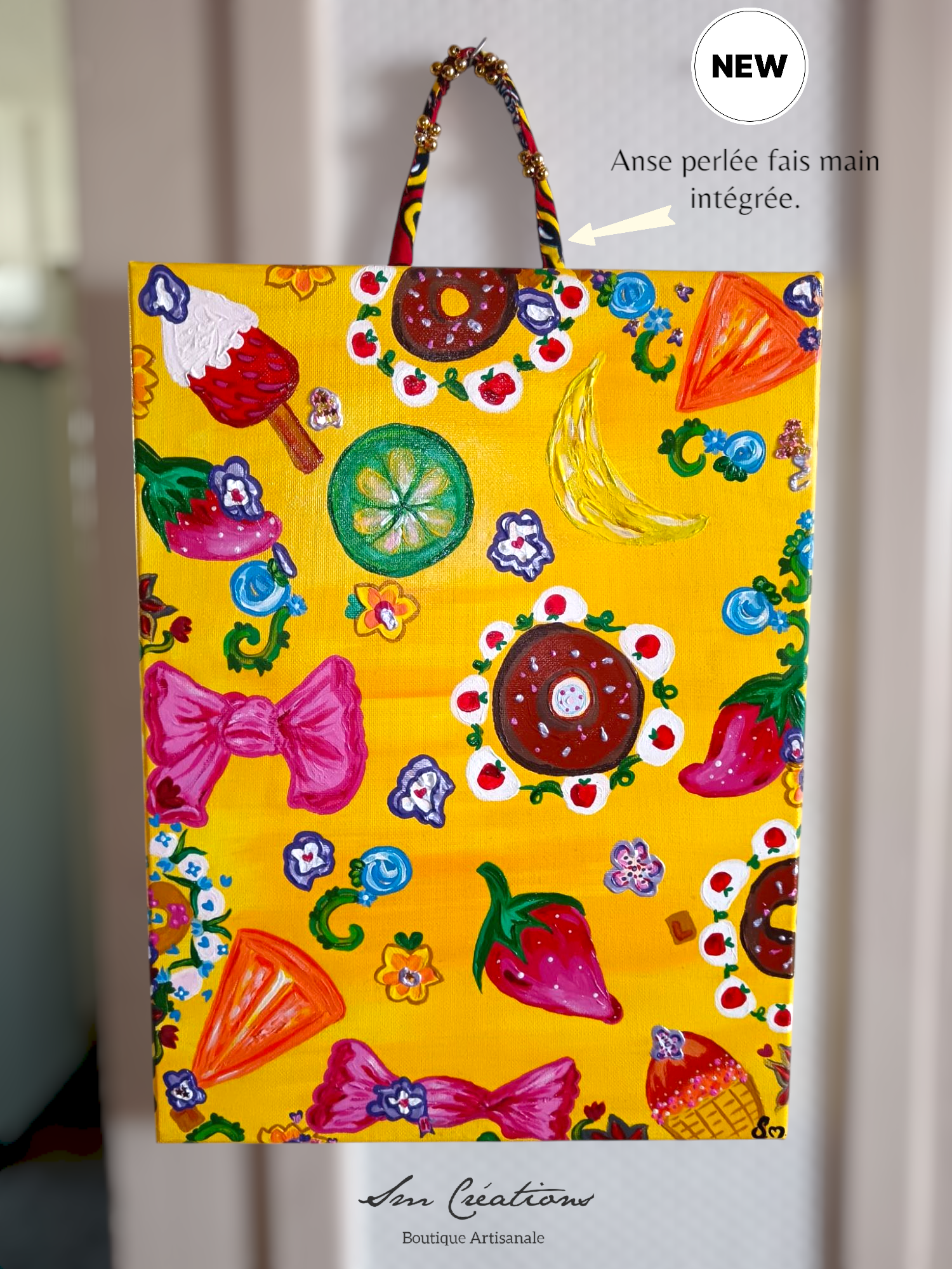 Peinture acrylique mixte 3d paint - Format 30 x 40,2 cm avec anse perlée fais main - Exemplaire unique avec certificat - titre : "Sucré"