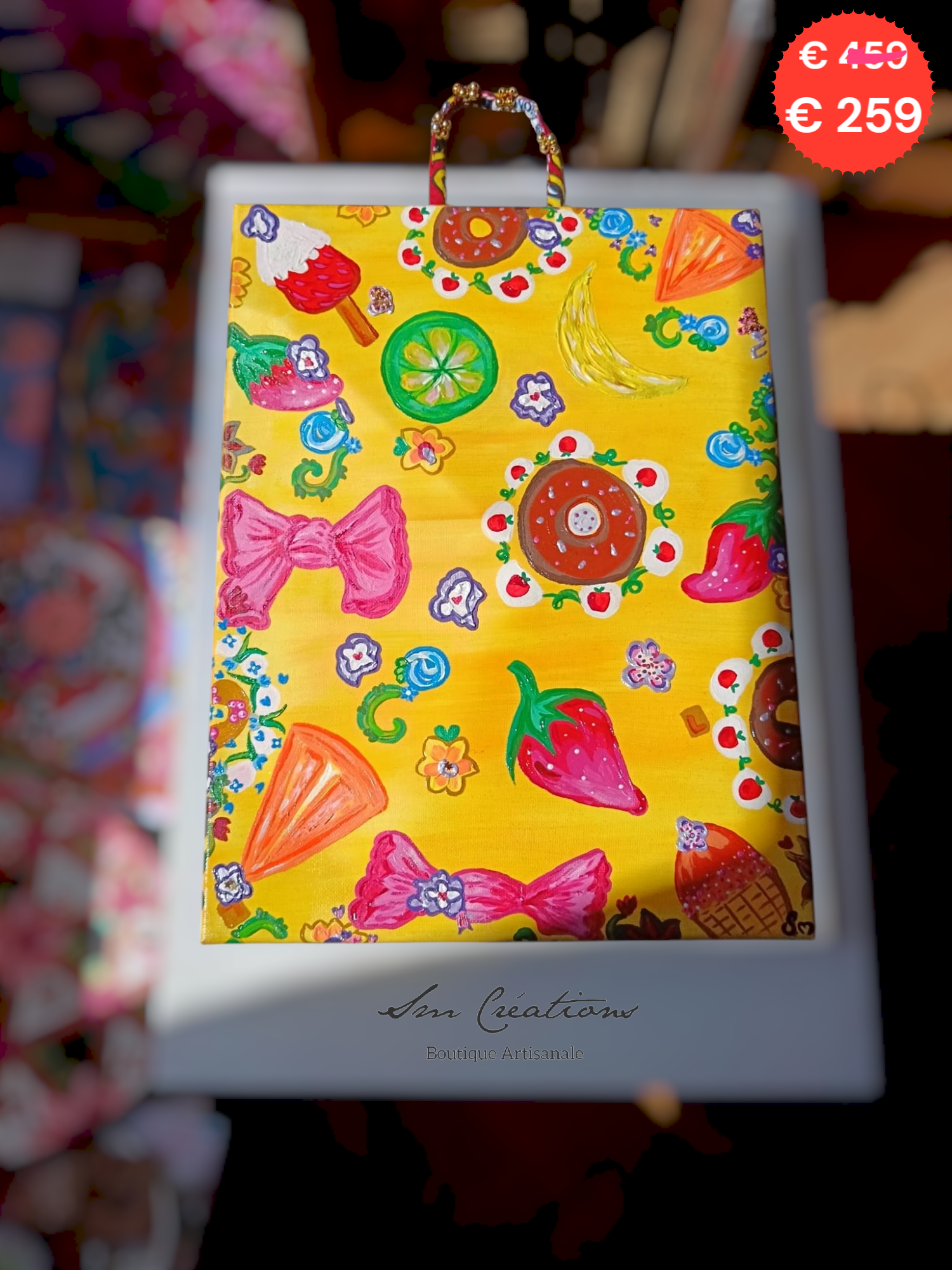 Peinture acrylique mixte 3d paint - Format 30 x 40,2 cm avec anse perlée fais main - Exemplaire unique avec certificat - titre : "Sucré"