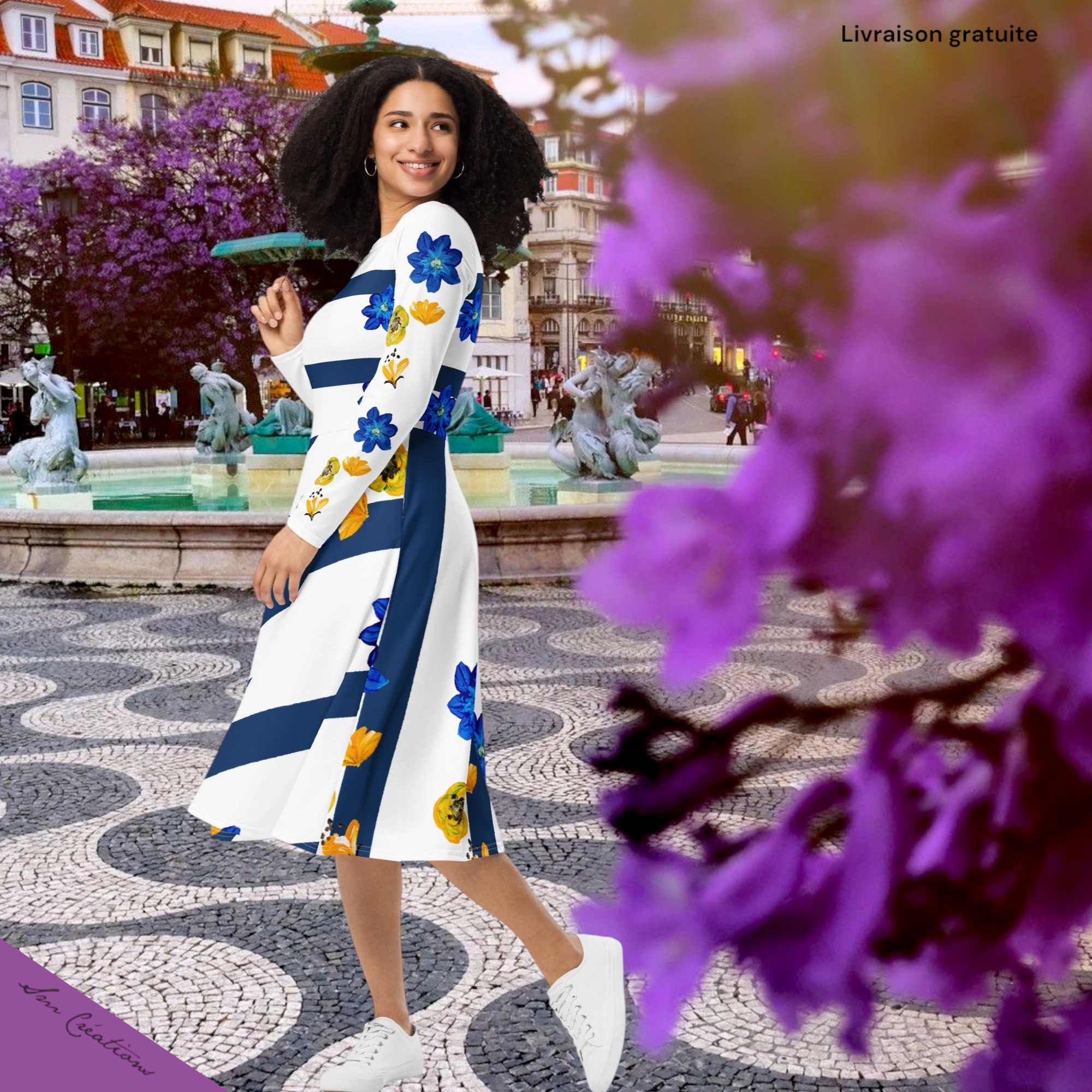 Robe manches longues avec impression Marinière Fleur d'été Summer 25' Sm Creations