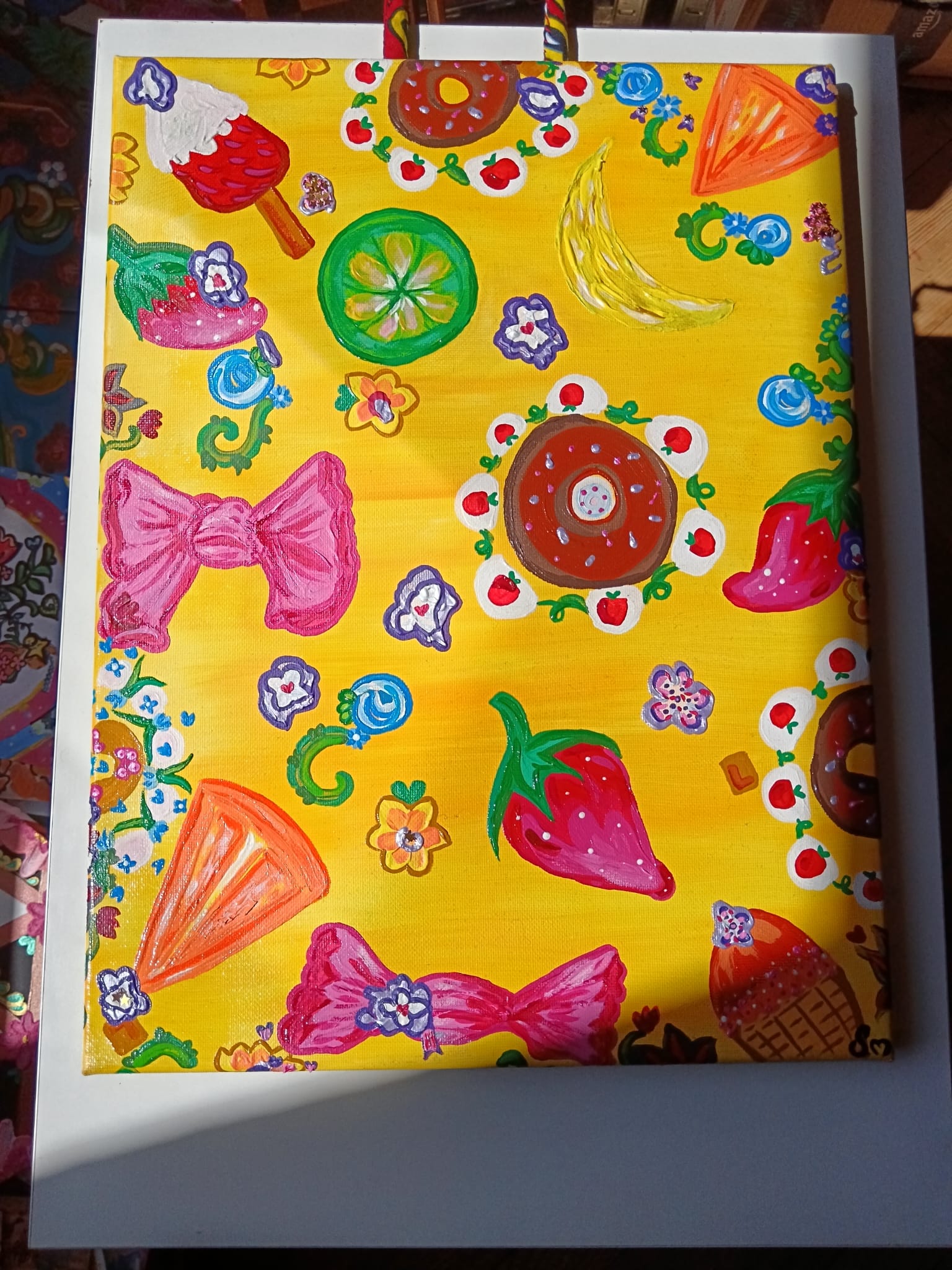 Peinture acrylique mixte 3d paint - Format 30 x 40,2 cm avec anse perlée fais main - Exemplaire unique avec certificat - titre : "Sucré"