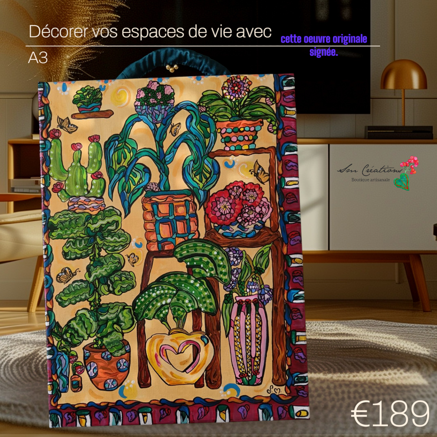 Tableau Peinture " La serre" 29,7X39,7cm - Acrylique avec anse perlée fais main - Exemplaire unique signé