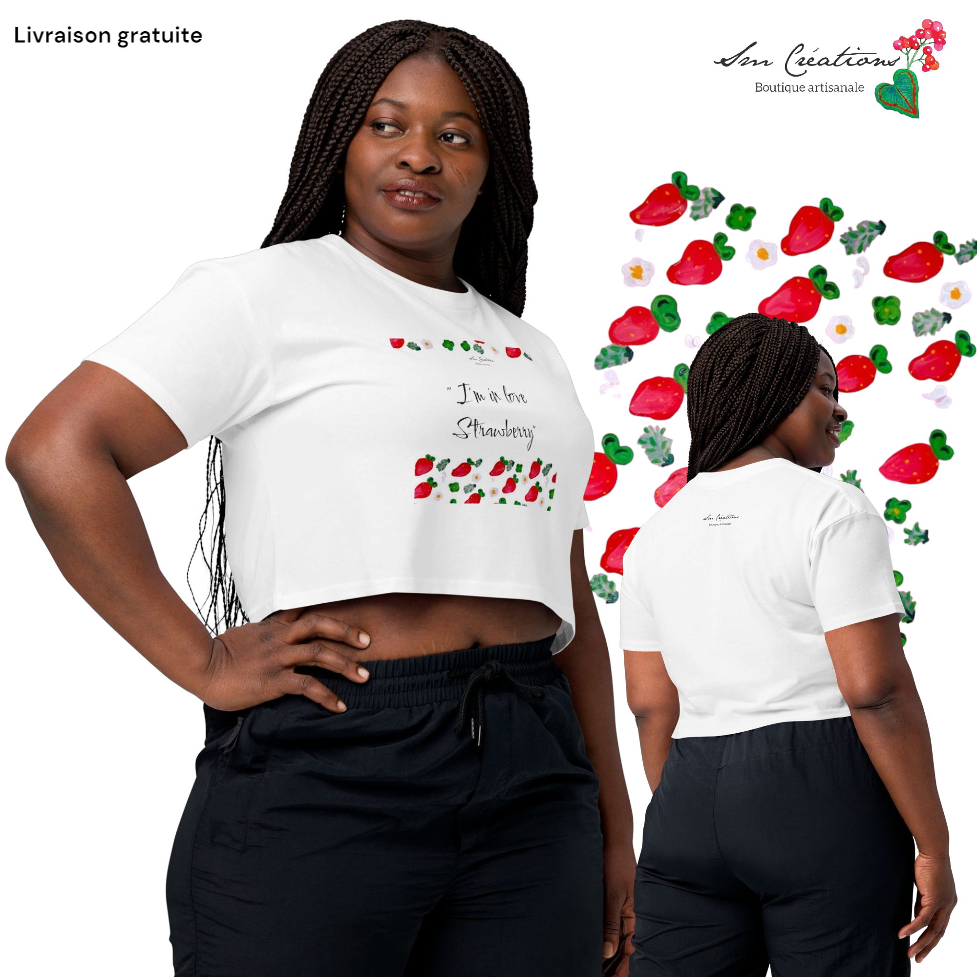Crop top pour femme "I'm in love Strawberry" Edition limitée Design - Sm Creations 2025