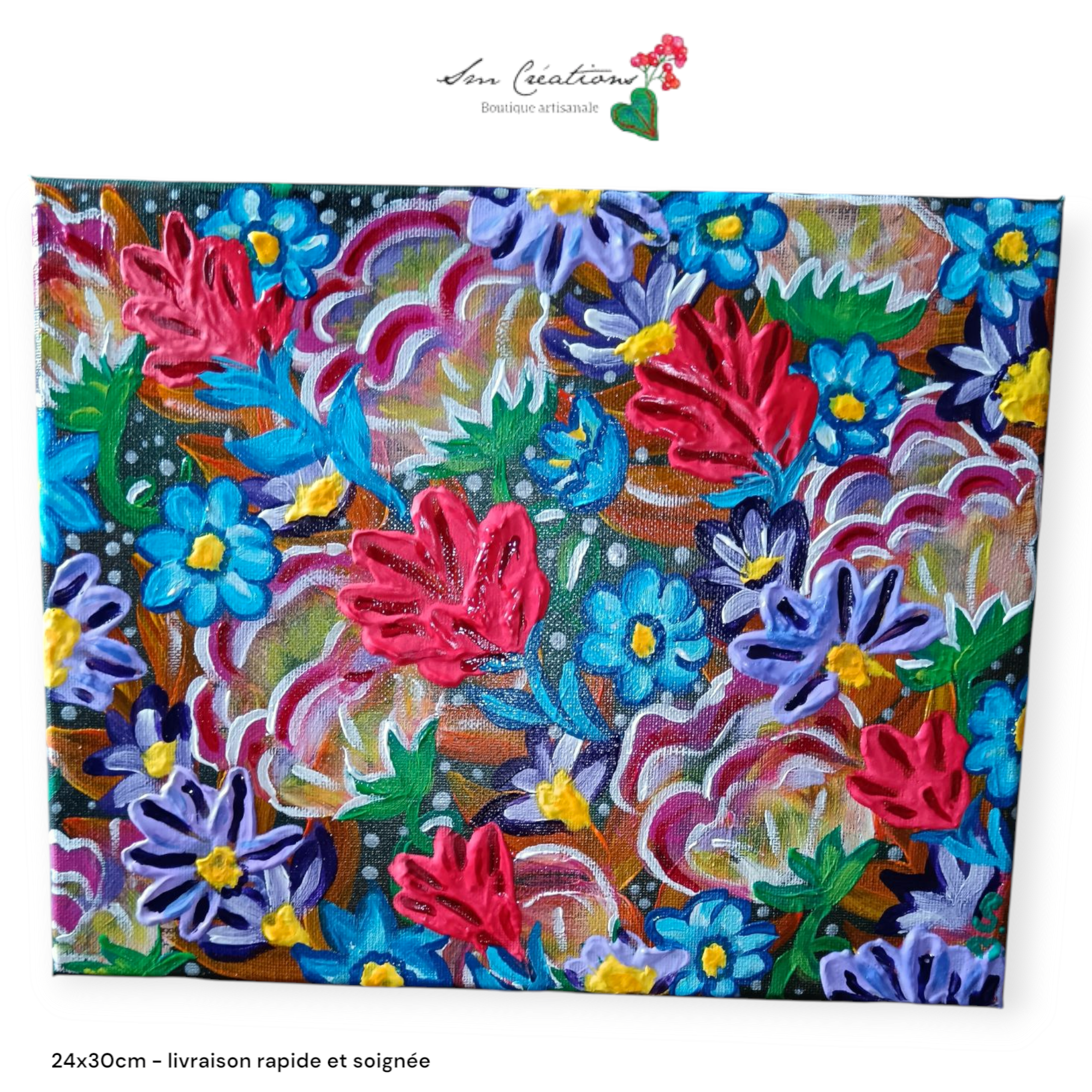 Tableau contemporain ethnique signé SM/ 2025 '' La vallée des fleurs''
