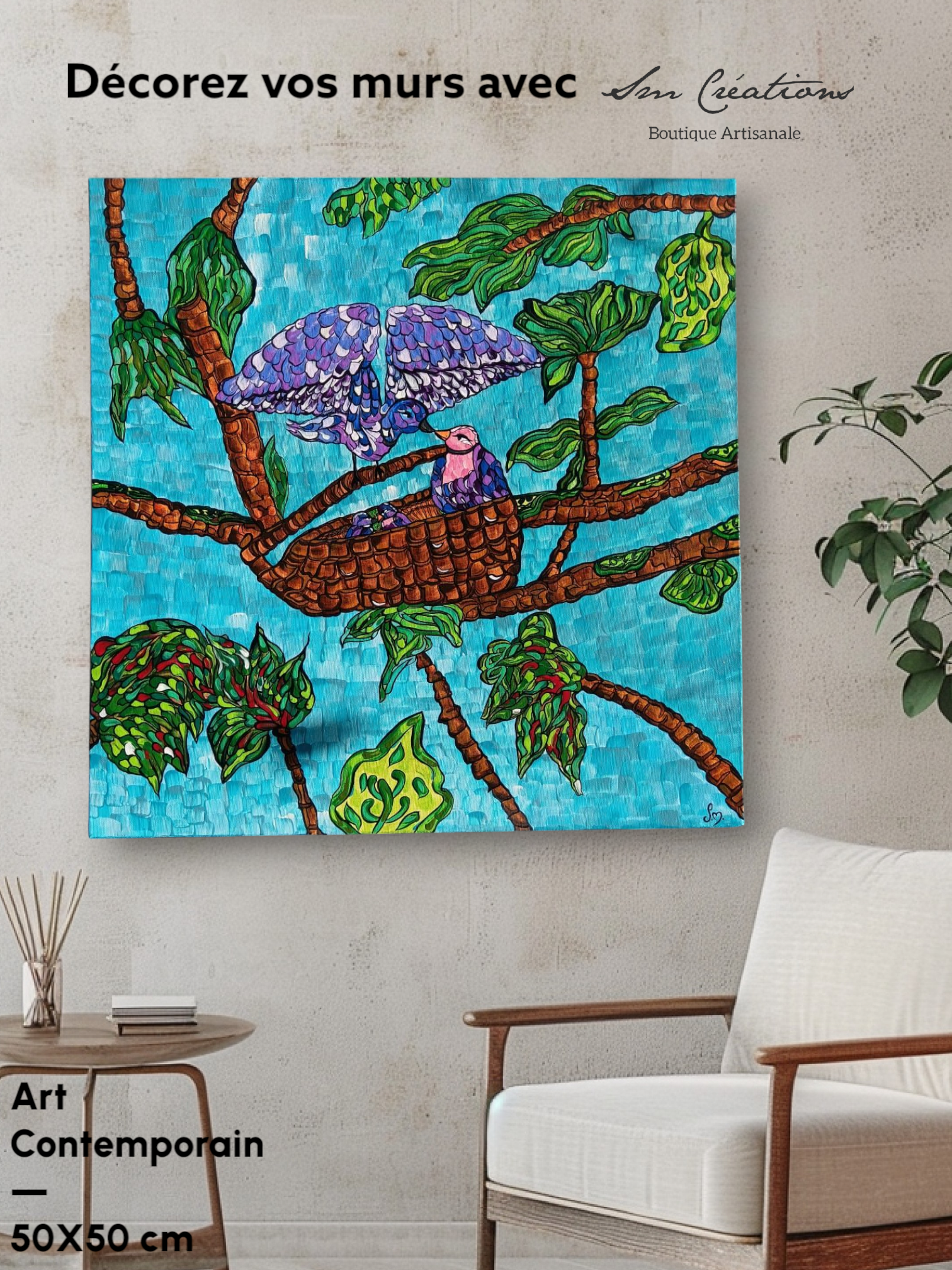 "Nid d'amour" Acrylique sur toile 50x50 cm