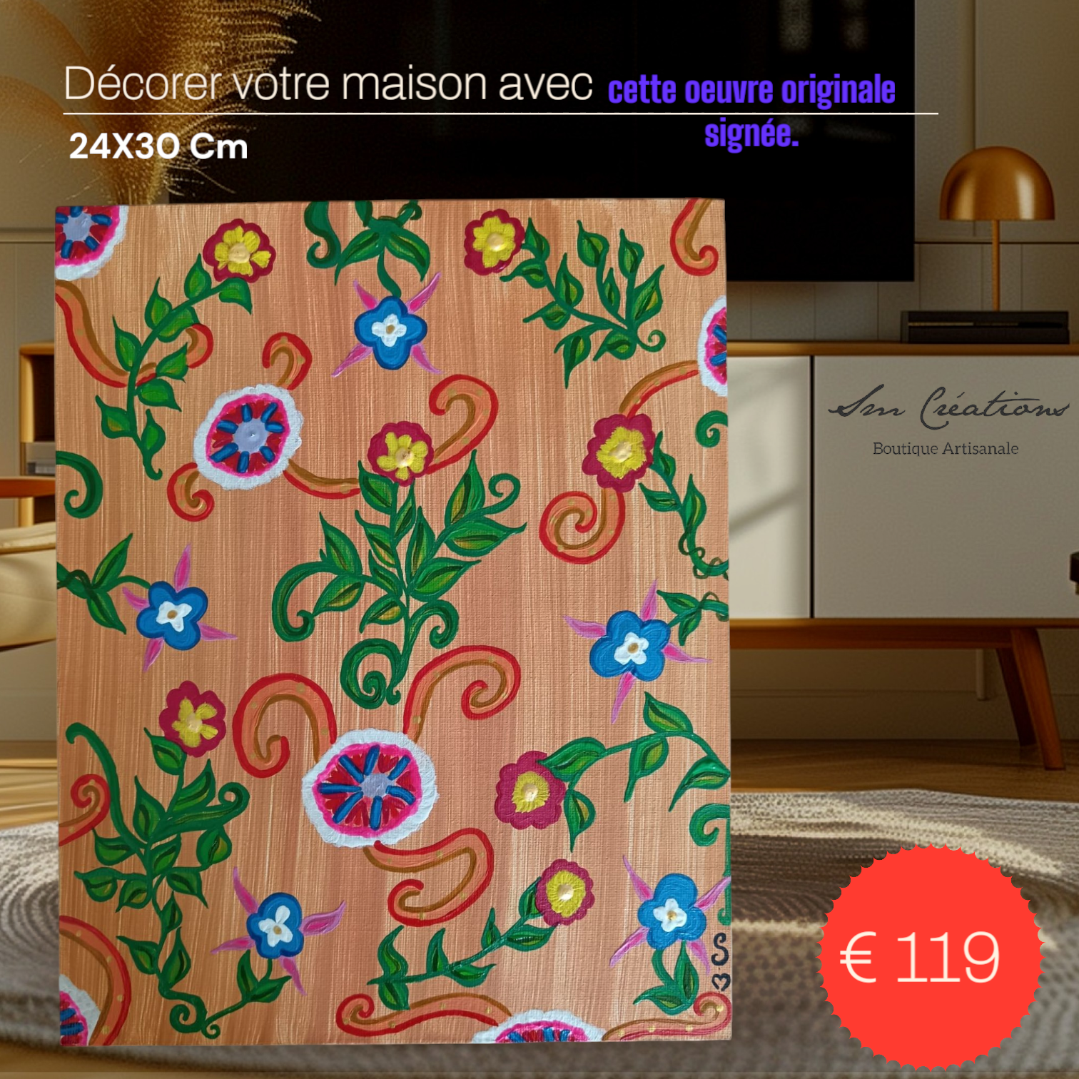 Tableau floral original - Acrylique/3D Paint sur toile - Fait main, signé - Exemplaire unique