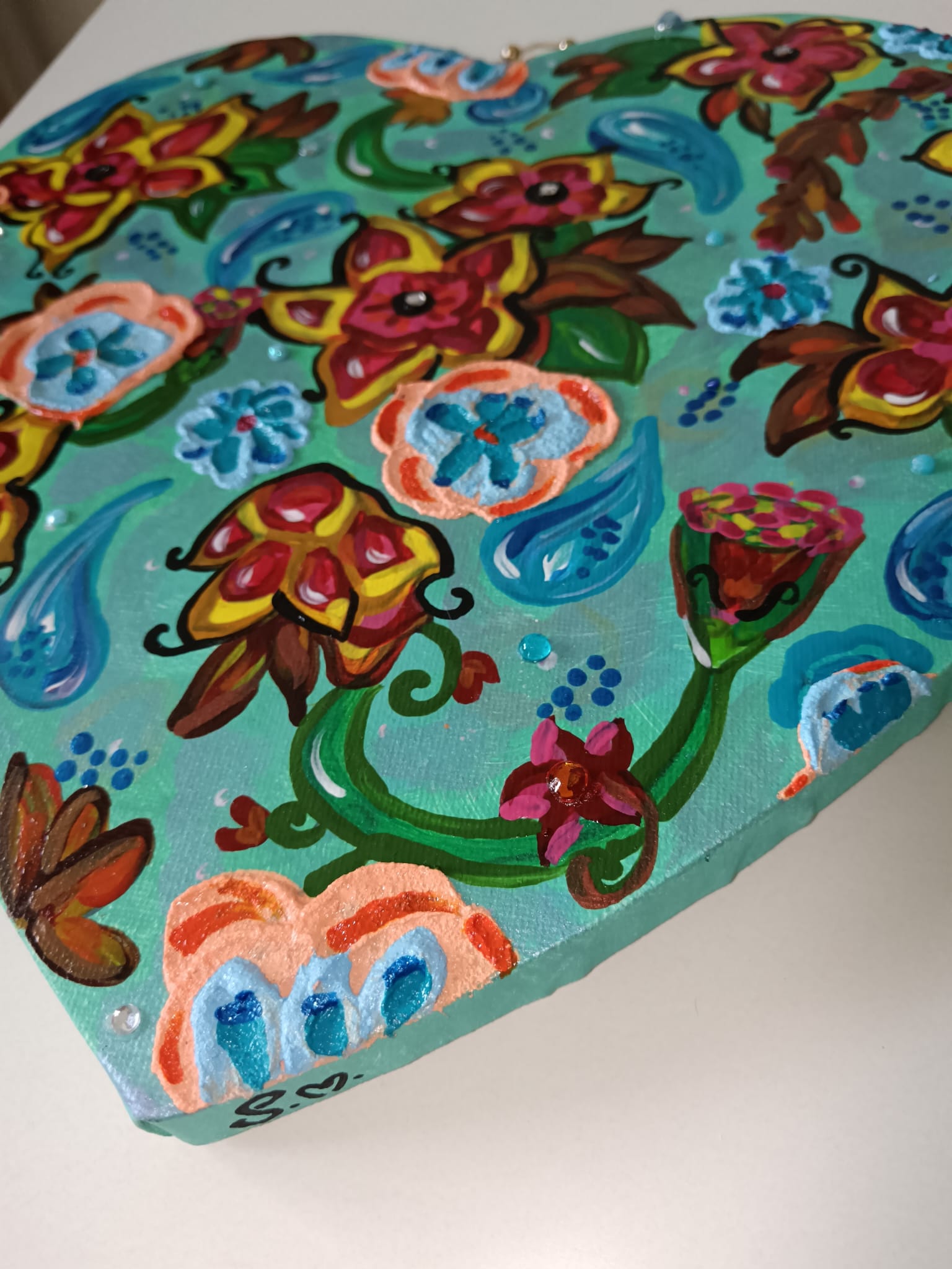 "Coeur coulant d'azur" Peinture acrylique / texturée 29x29cm avec attache perlée artisanale - originale signé