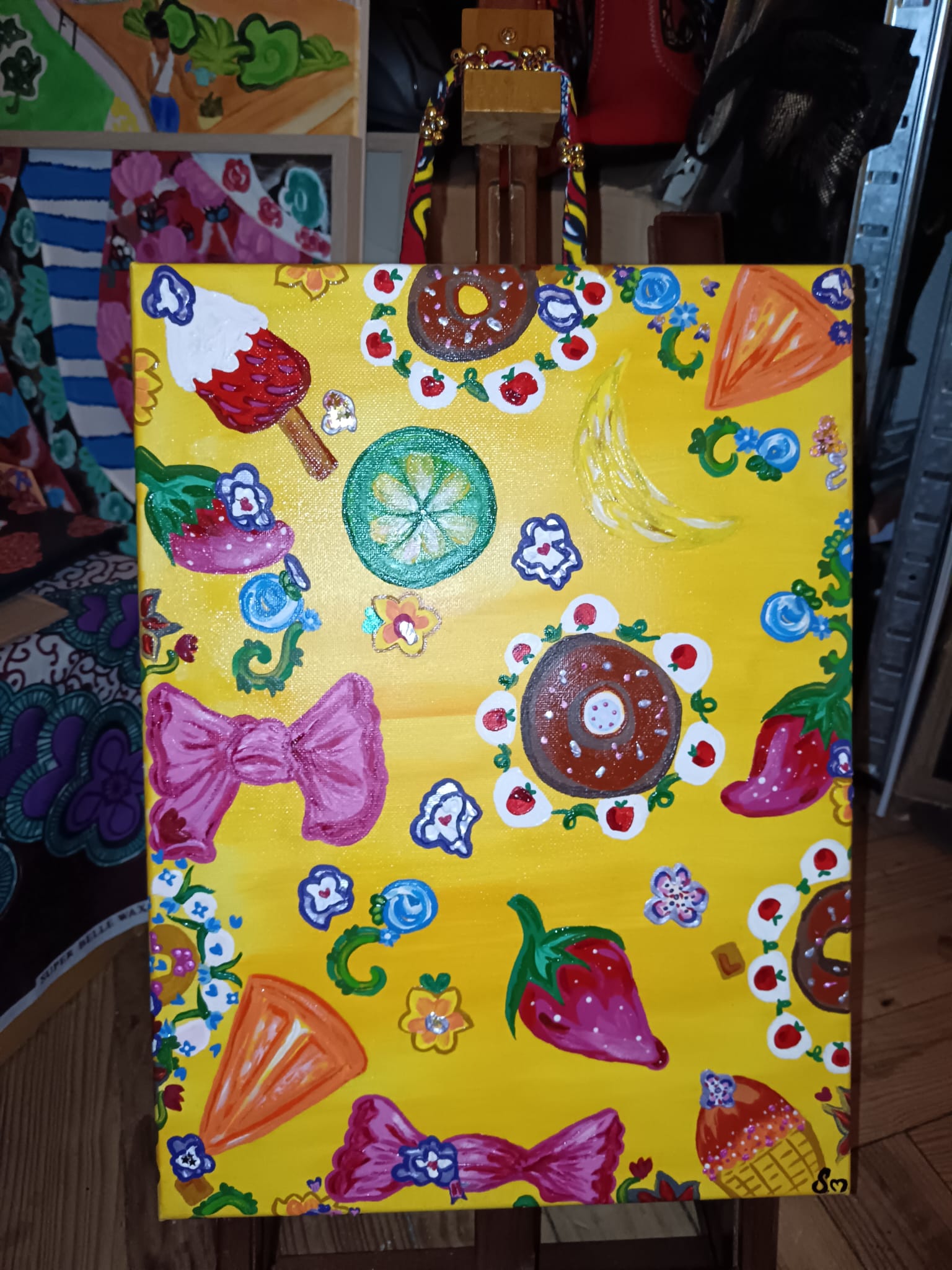 Peinture acrylique mixte 3d paint - Format 30 x 40,2 cm avec anse perlée fais main - Exemplaire unique avec certificat - titre : "Sucré"