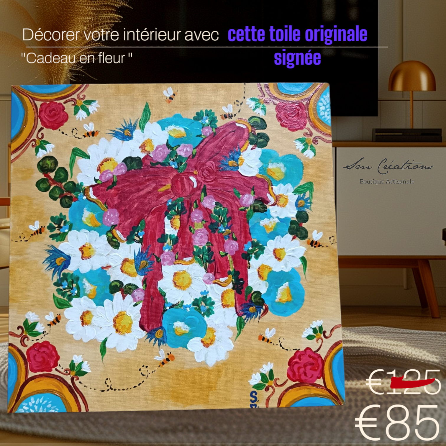 Carré Décoratif ''Toujours + de fleurs" 25*25cm/ Exemplaire unique signé 2025