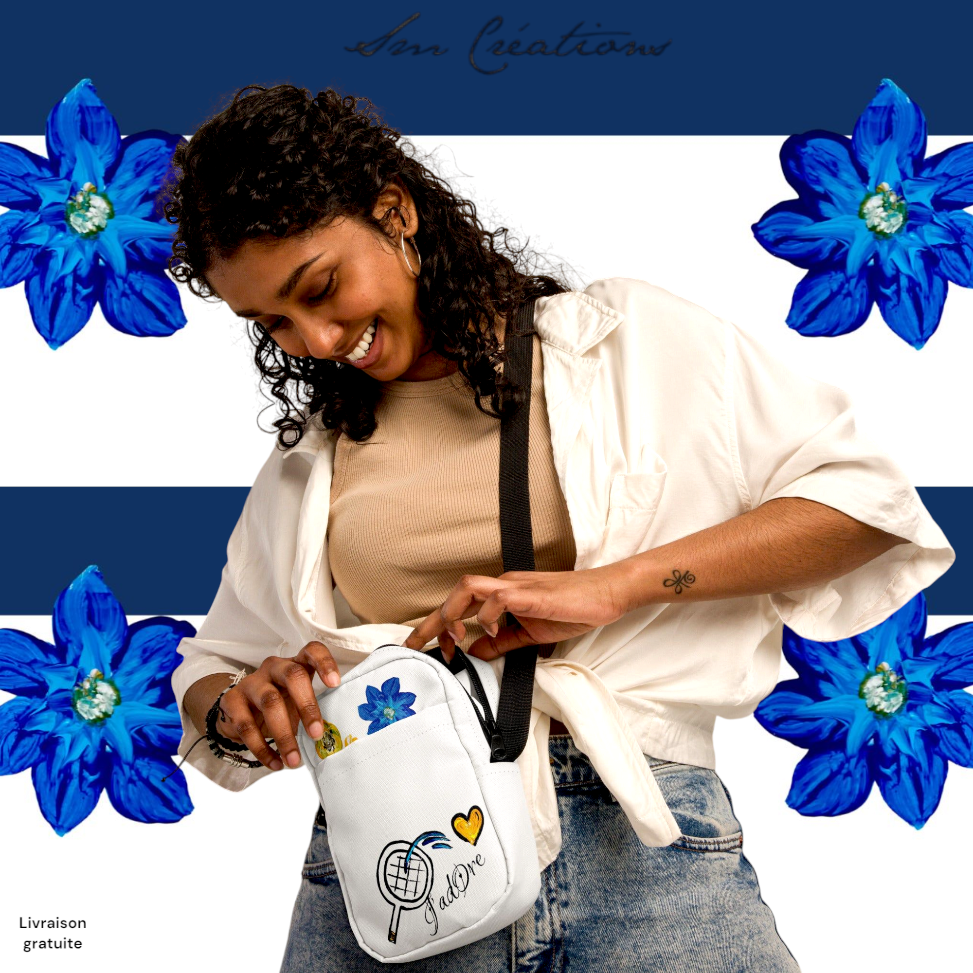 Sac à bandoulière fonctionnel 2025 motif Fleurs d'été  ''J'adore''
