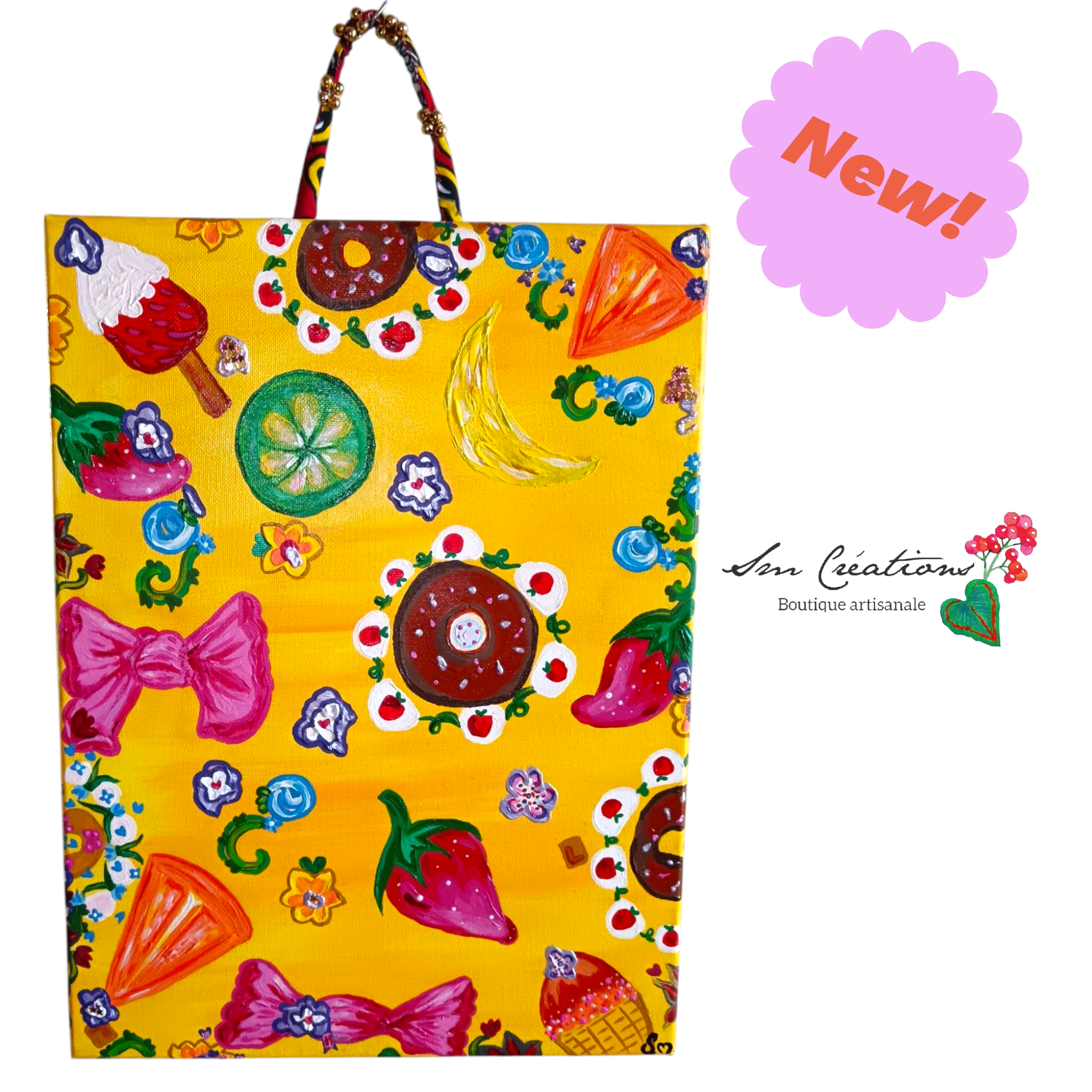 Peinture acrylique mixte 3d paint - Format 30 x 40,2 cm avec anse perlée fais main - Exemplaire unique avec certificat - titre : "Sucré"