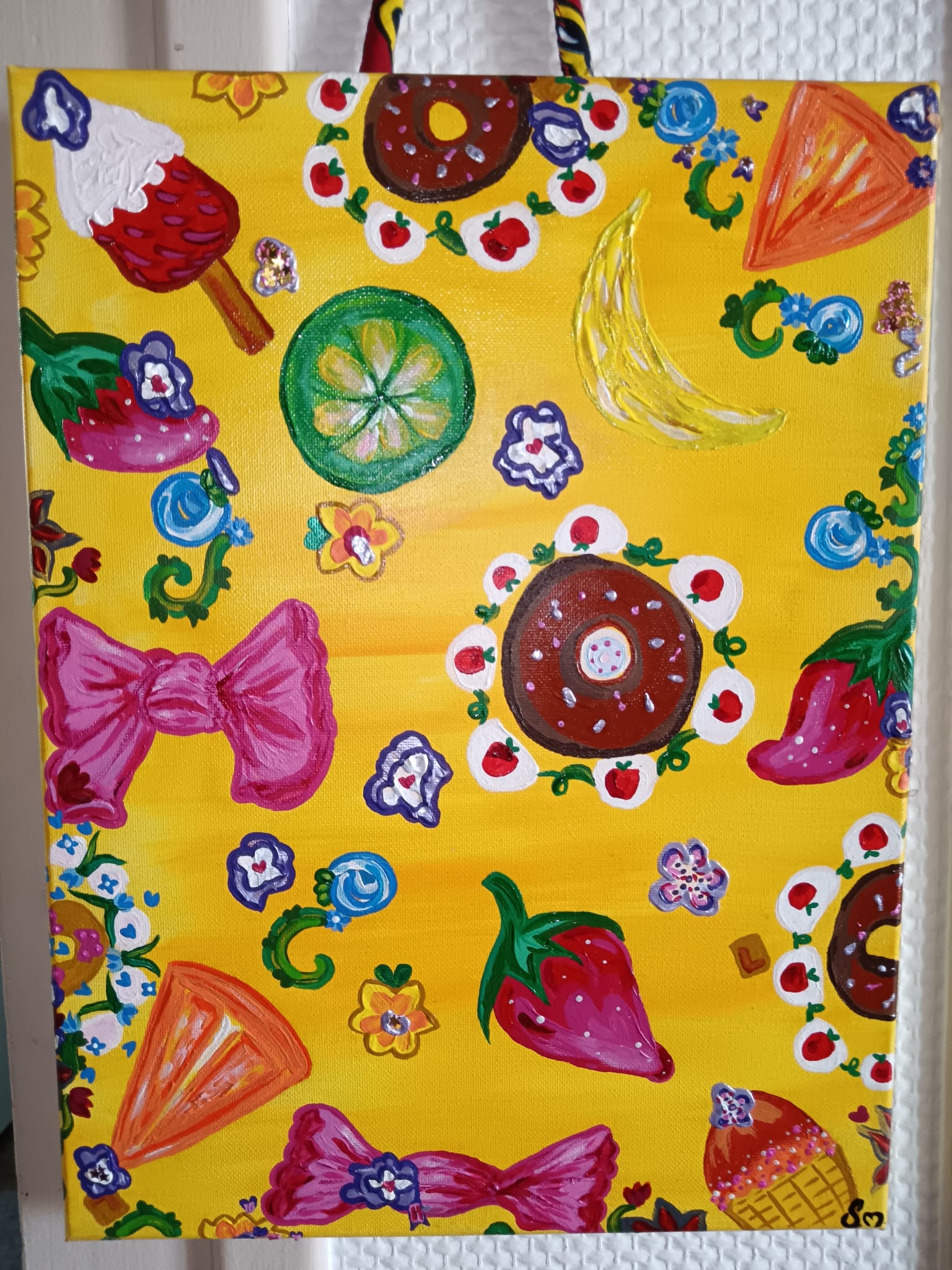 Peinture acrylique mixte 3d paint - Format 30 x 40,2 cm avec anse perlée fais main - Exemplaire unique avec certificat - titre : "Sucré"