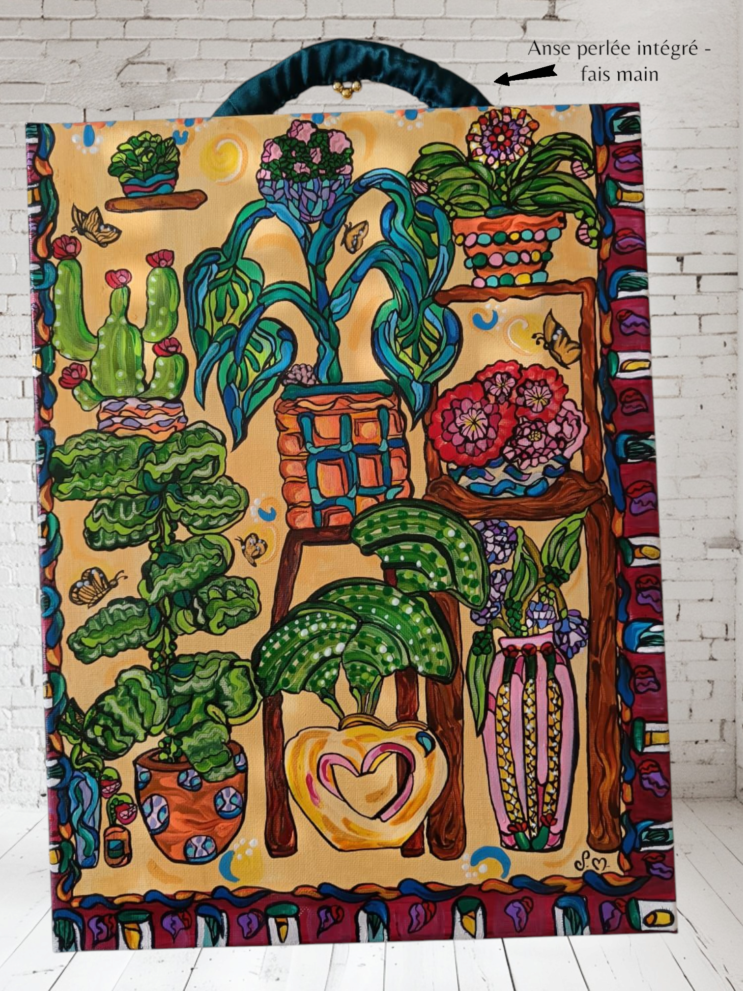 Tableau Peinture " La serre" 29,7X39,7cm - Acrylique avec anse perlée fais main - Exemplaire unique signé