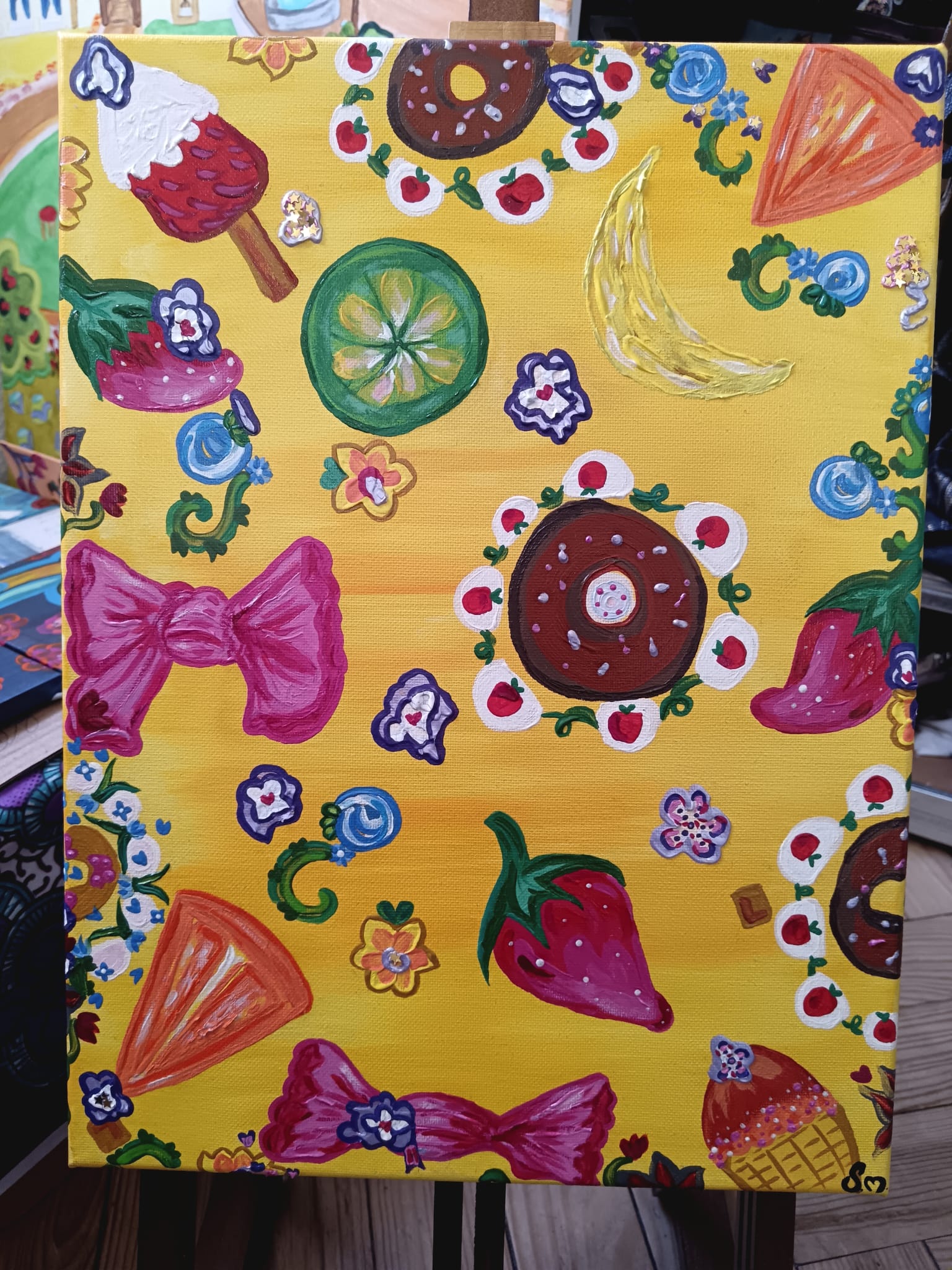 Peinture acrylique mixte 3d paint - Format 30 x 40,2 cm avec anse perlée fais main - Exemplaire unique avec certificat - titre : "Sucré"