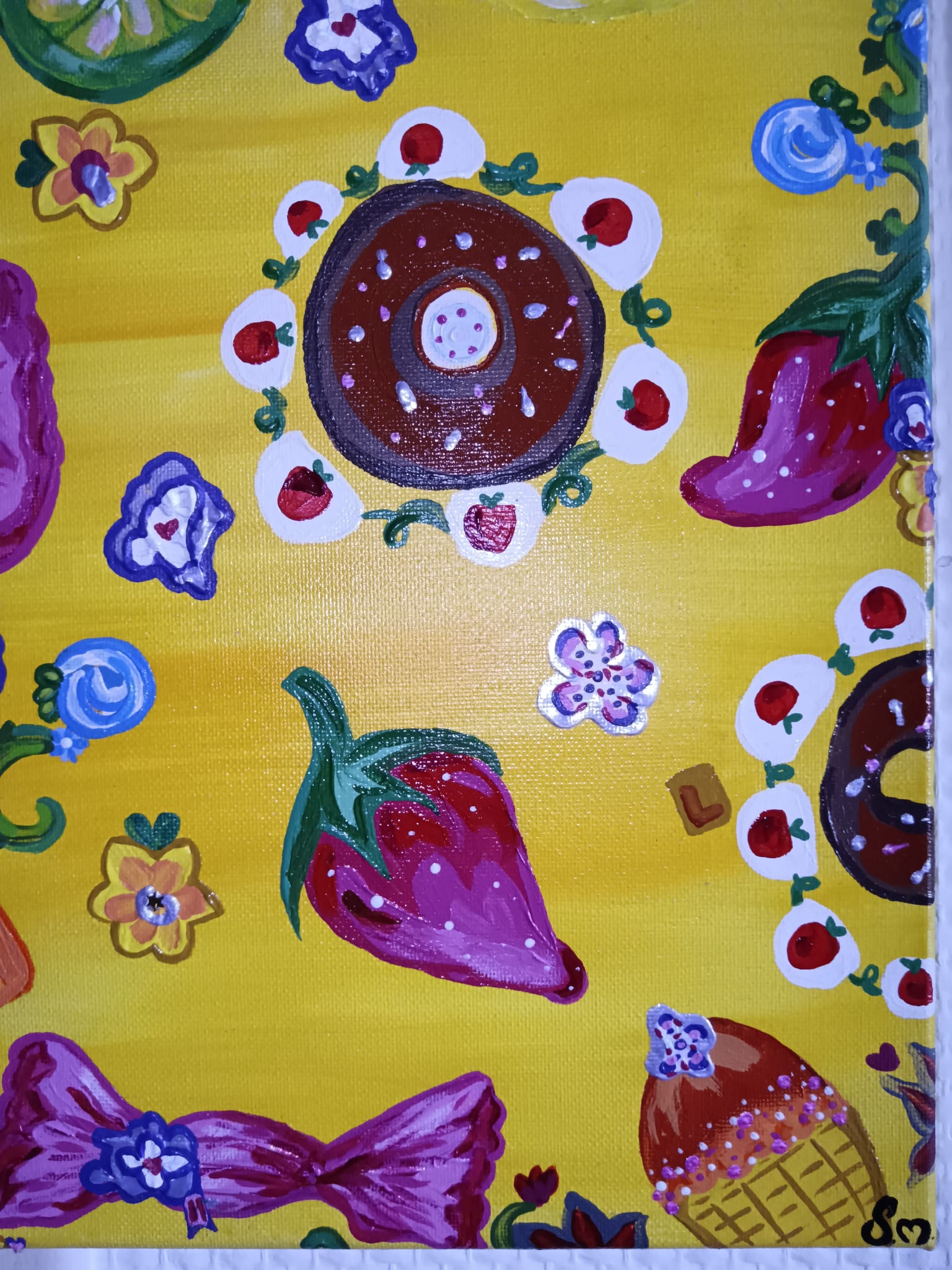 Peinture acrylique mixte 3d paint - Format 30 x 40,2 cm avec anse perlée fais main - Exemplaire unique avec certificat - titre : "Sucré"