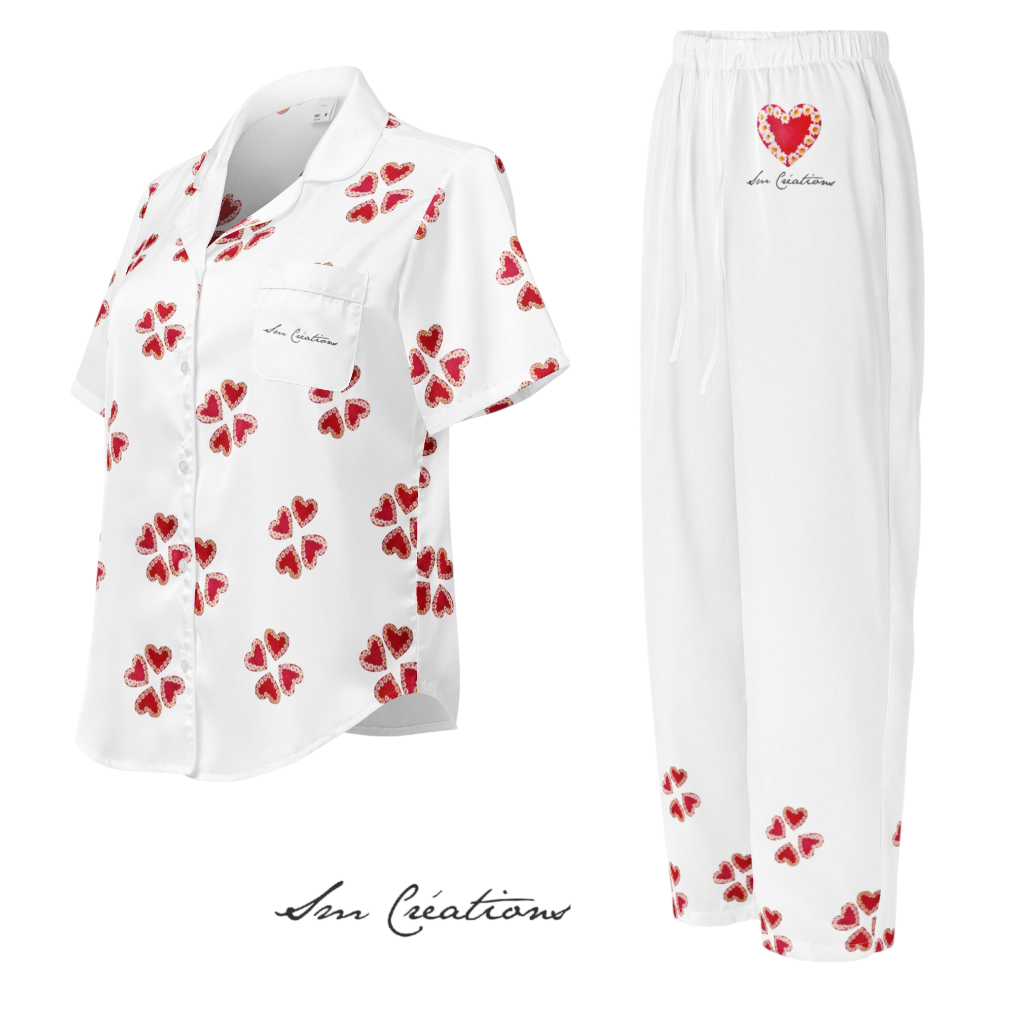 Haut de pyjama à manches courtes/ Top Tendance Midnight - Design "Fleur en cœur" Spring Summer Intemporel