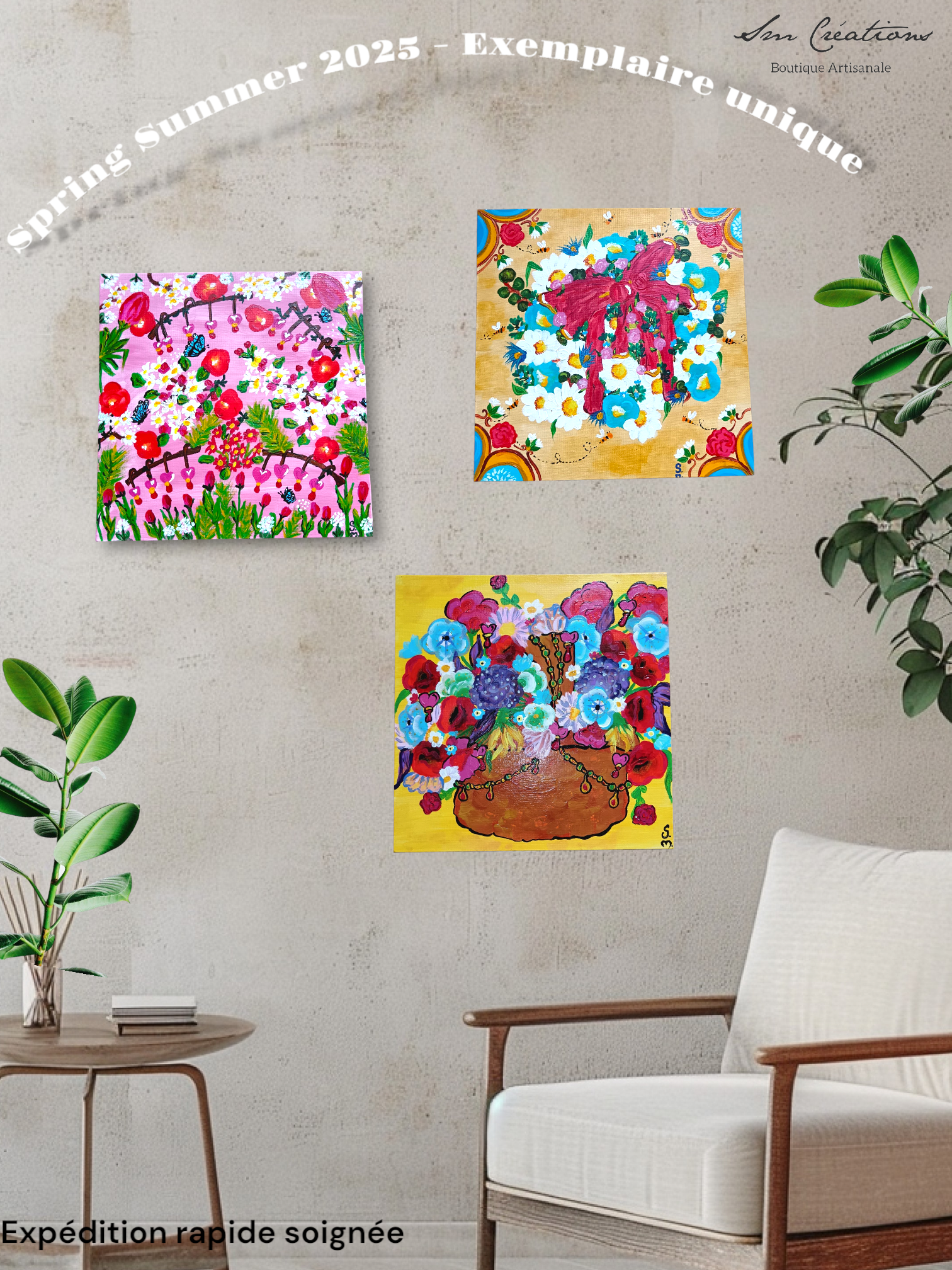 Carré Décoratif ''Toujours + de fleurs" 25*25cm/ Exemplaire unique signé 2025