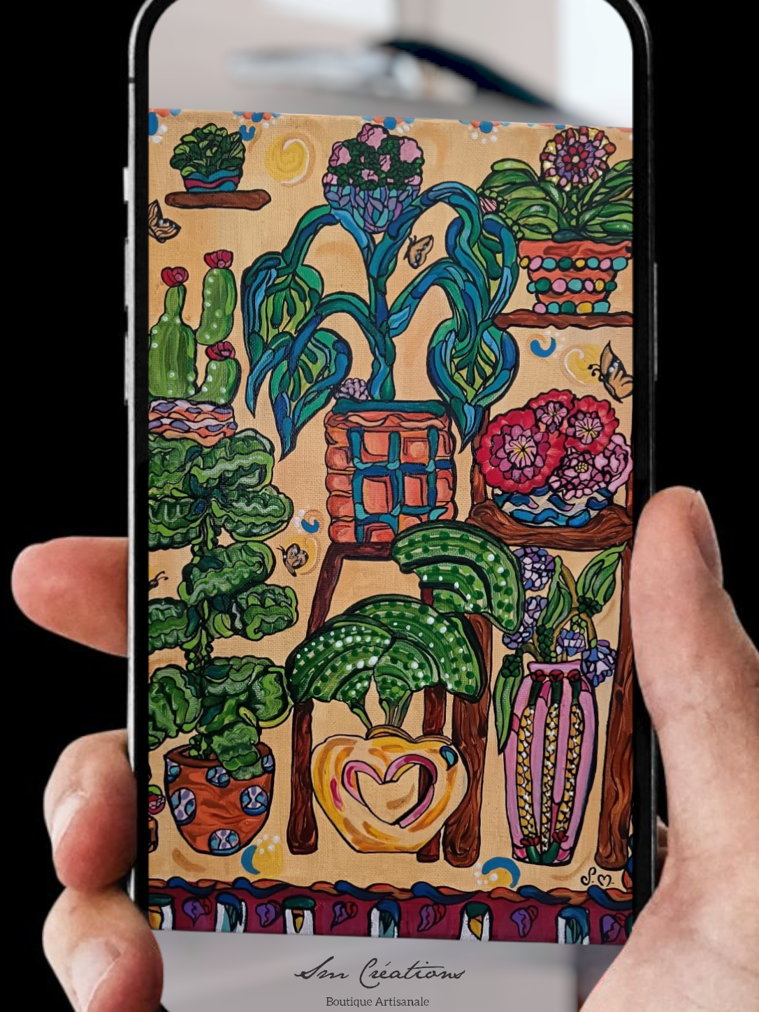 Tableau Peinture " La serre" 29,7X39,7cm - Acrylique avec anse perlée fais main - Exemplaire unique signé