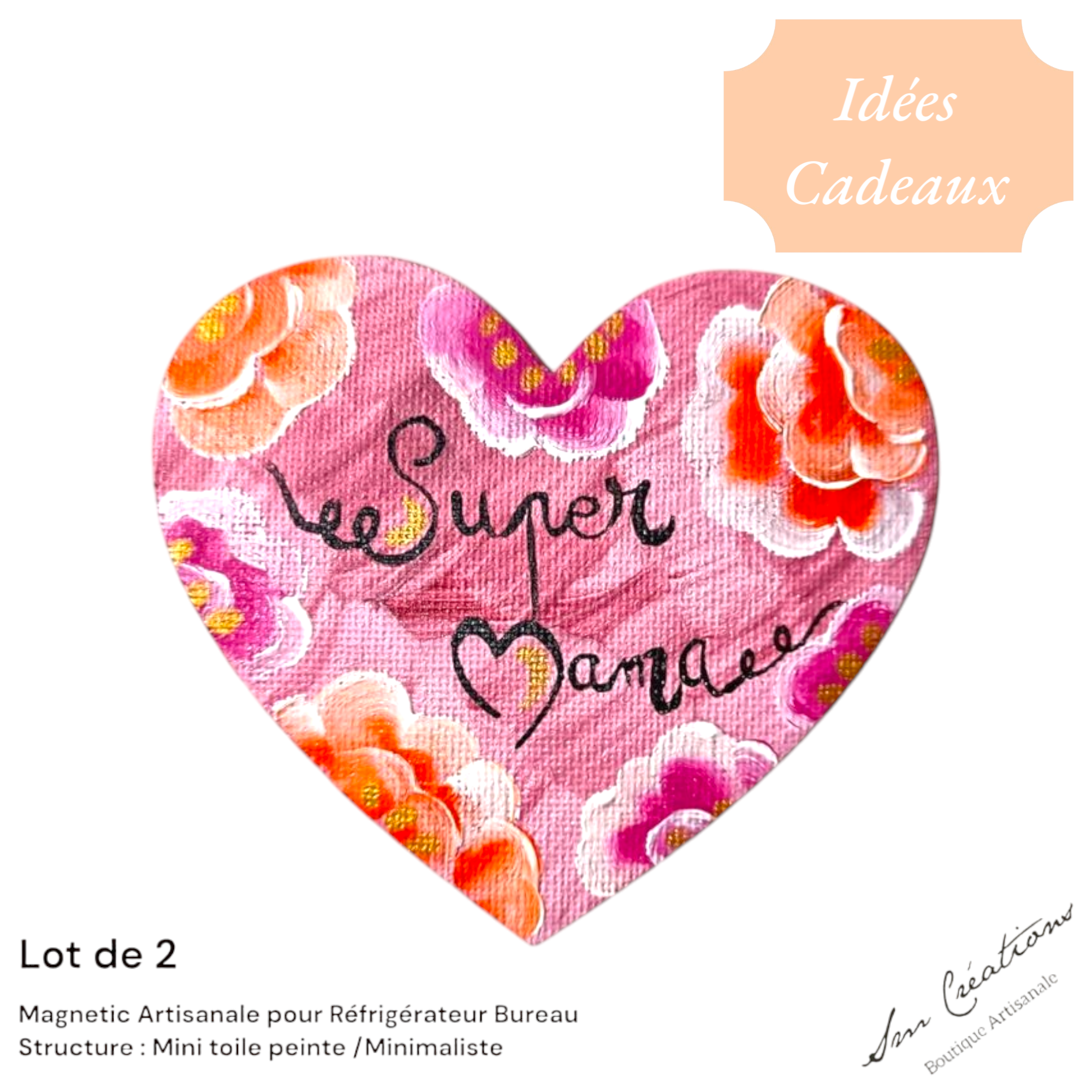 Duo de cœur aimanté artisanale "Super Mama - Te amo" Exemplaire unique *Doux Messages