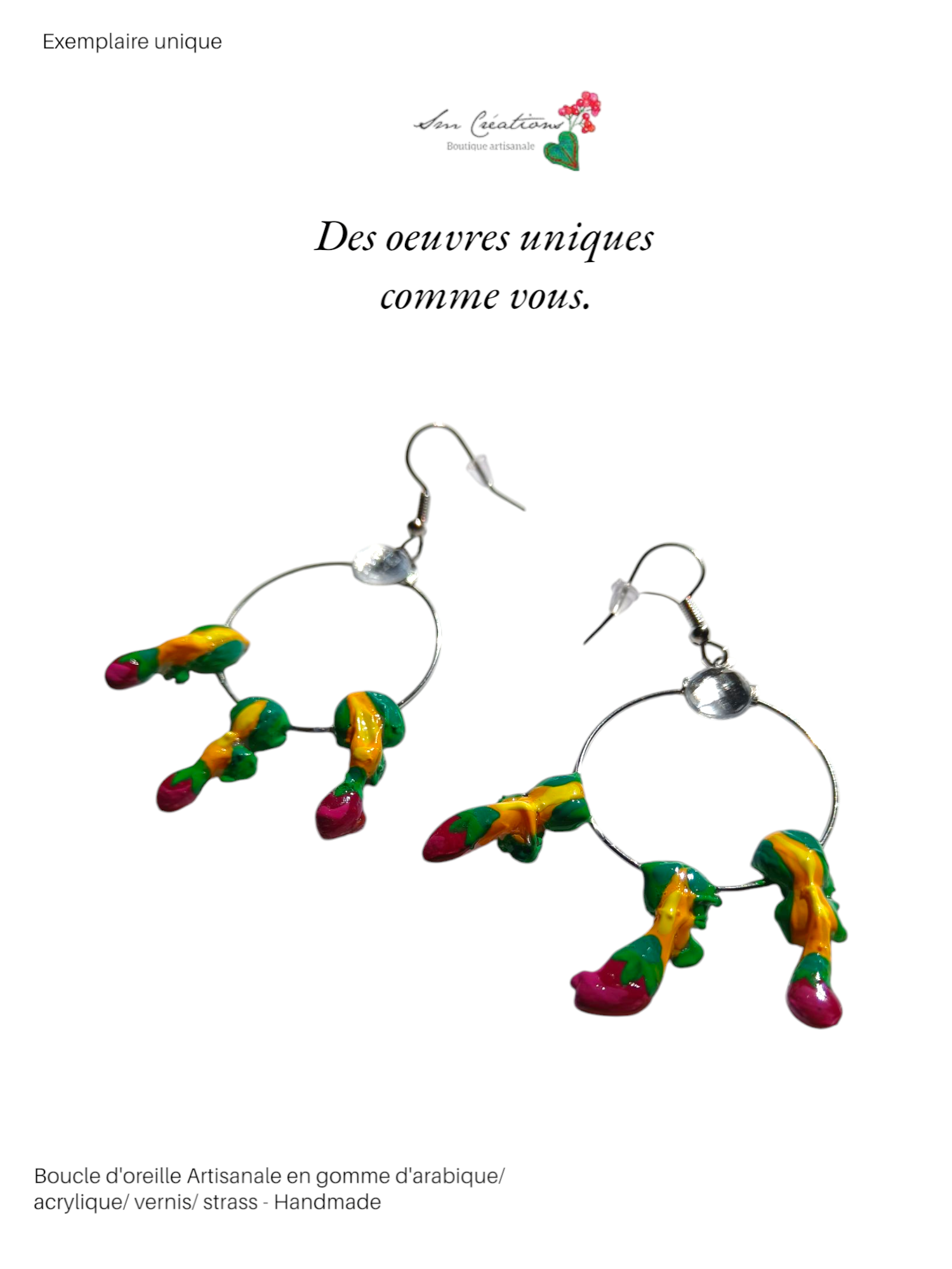 Boucle d'oreille Artisanale en Gomme D'arabique/ Acrylique - "Cactus in Love" - Printemps/ Eté 2025