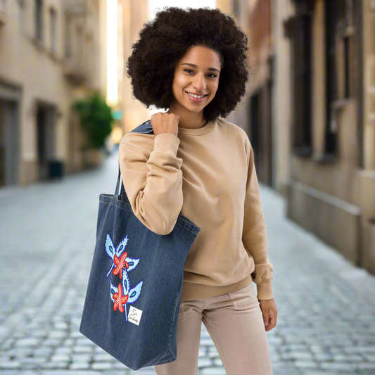 Tote bag en jean écologique ''Feuilles bleues et petites fleurs'' édition 2025