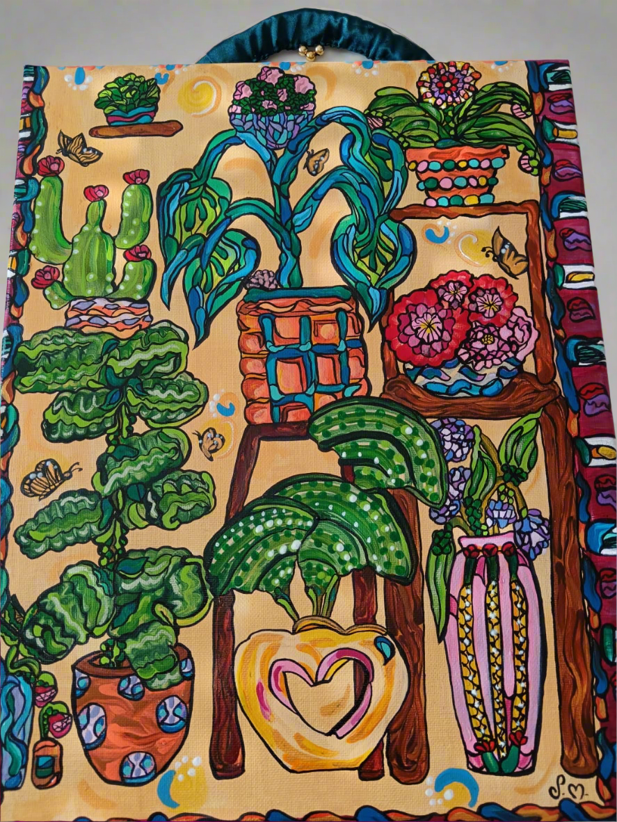 Tableau Peinture " La serre" 29,7X39,7cm - Acrylique avec anse perlée fais main - Exemplaire unique signé