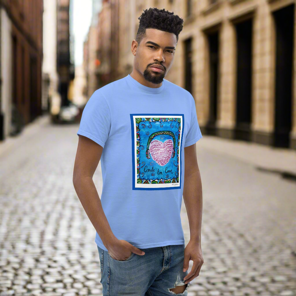 T-shirt classique unisexe 100% Coton '' Tendance Message - Écoute ton 💙'' Scan Text'25'