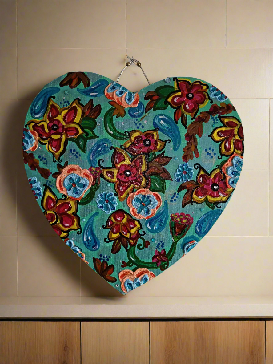 "Coeur coulant d'azur" Peinture acrylique / texturée 29x29cm avec attache perlée artisanale - originale signé