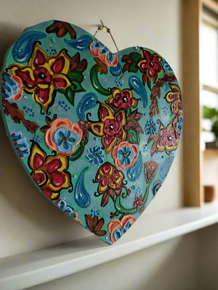 "Coeur coulant d'azur" Peinture acrylique / texturée 29x29cm avec attache perlée artisanale - originale signé
