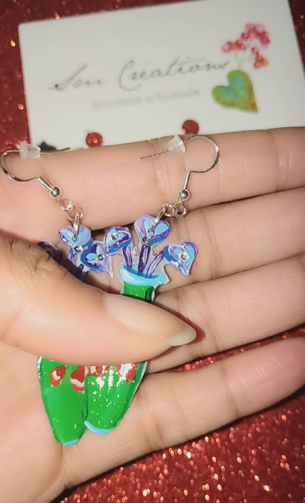 Boucle d'oreille artistique |''Feuillage violine en vase'' Flowers Pop| 95% Naturel Fais Main