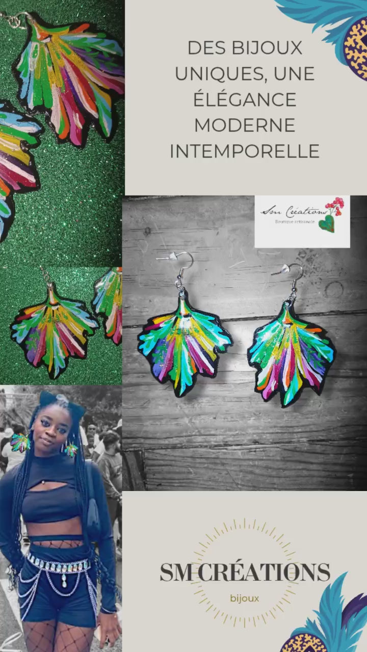 Boucle d'oreille artistique |''Feuilles colorées'' Color Pop| 95% Naturel Fais Main