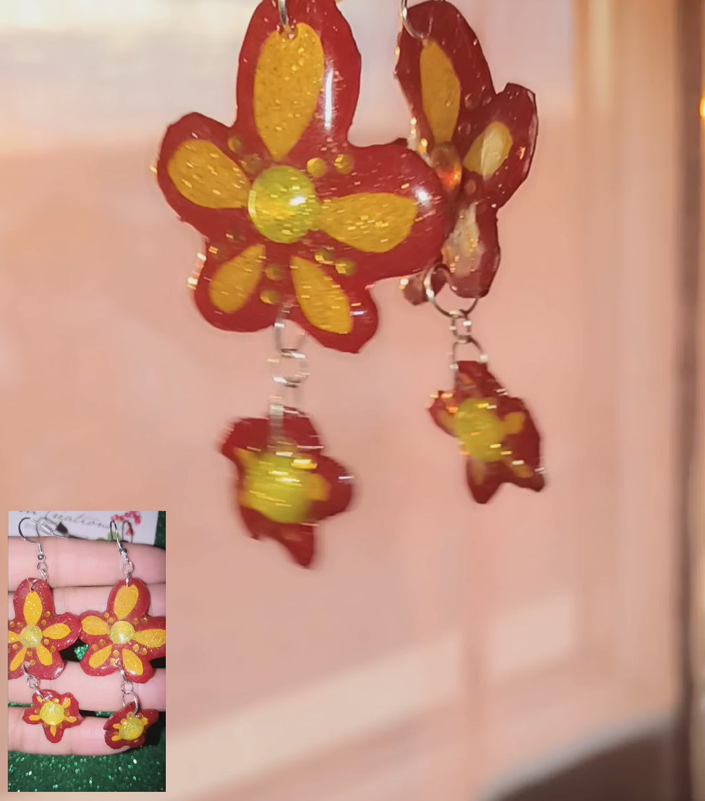 Boucle d'oreille artistique |''Pocket fleurs rouge'' Flowers Pop| 95% Naturel Fais Main