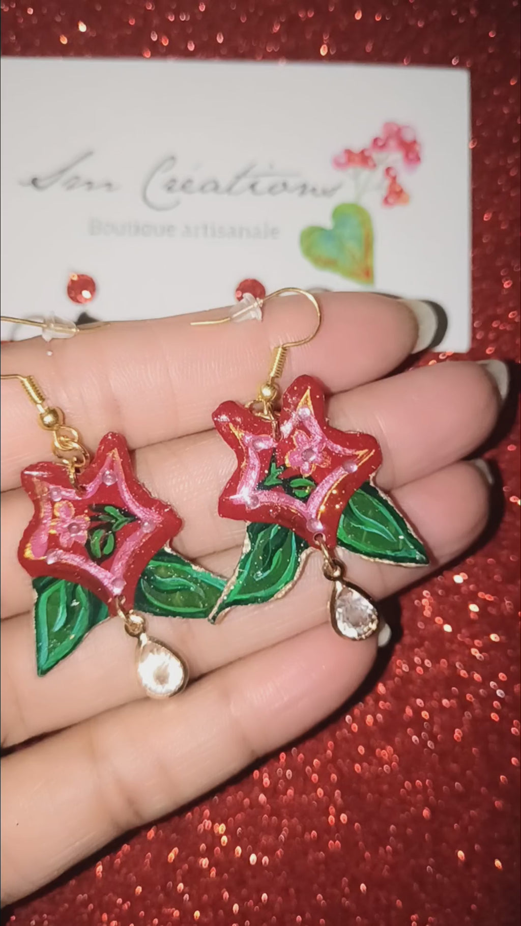 Boucle d'oreille artistique |''Fleurs rouge de saison'' Flowers Pop| 95% Naturel Fais Main