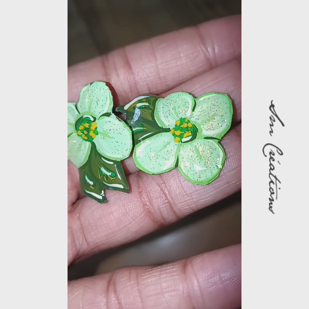Boucle d'oreille artistique |''Flowers Pin's''| 95% Naturel Fais Main - Arte chic / Coloris Vert