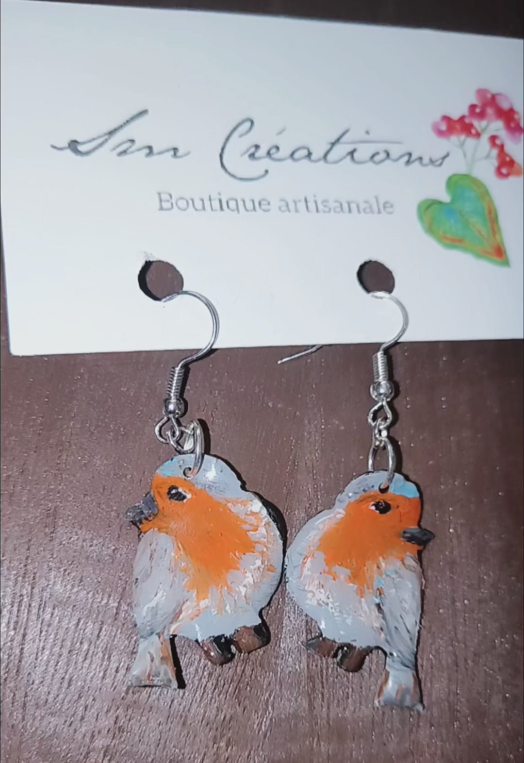 Boucle d'oreille artistique |''Rouge gorge'' Jardin Privé| 95% Naturel Fais Main