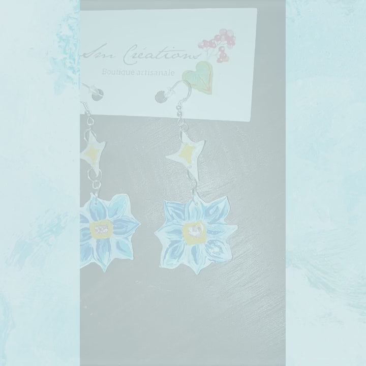 Boucle d'oreille artistique |''Fleurs Bleues'' Flowers Pop| 95% Naturel Fais Main