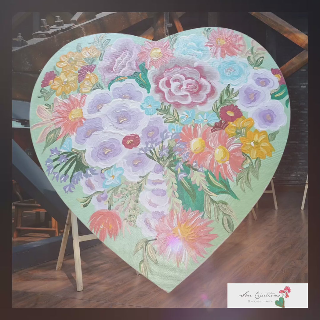 Tableau cœur floral peint à la main – Décoration murale romantique – Art bohème fleurs pastel – Cadeau unique Nature Lover "Garden  Green'' signé Sm